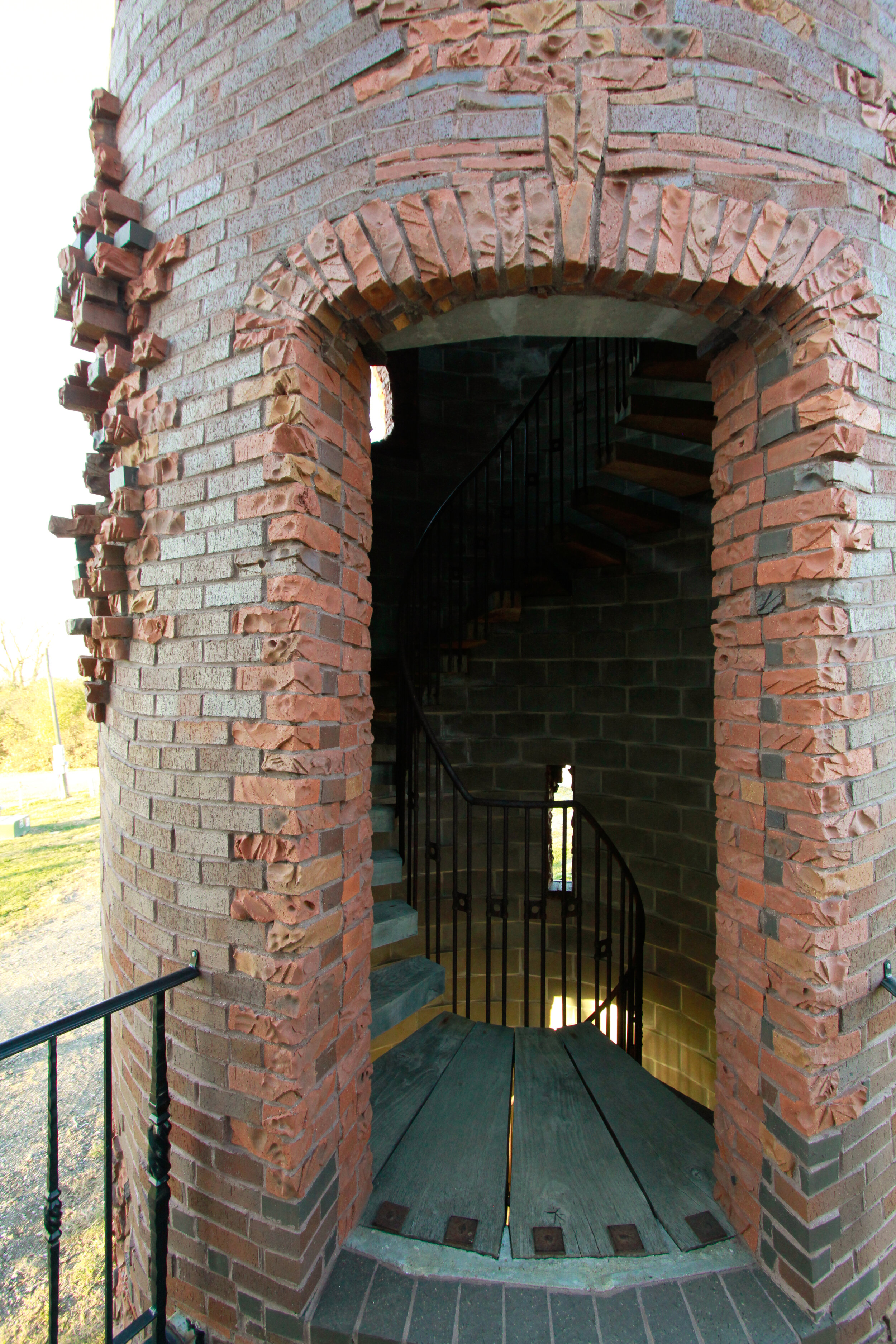 circular staircase in silo visible through doorway