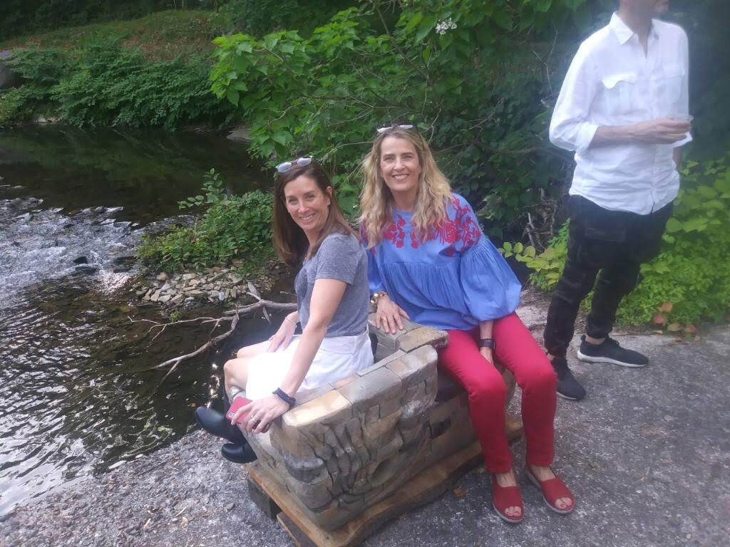 Salt fired garden bench, here installed next to stream