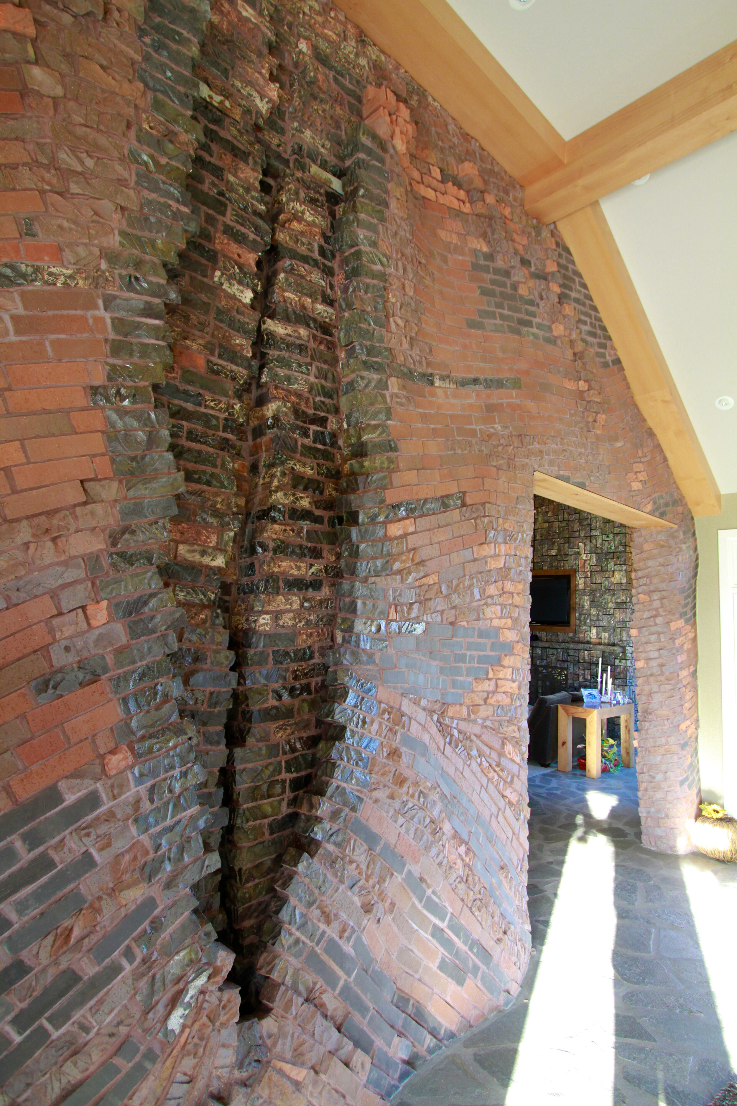 carved brick fountain wall of country home, Nashville, NE