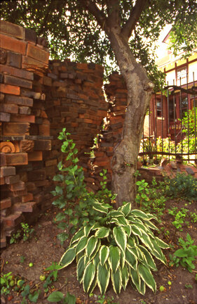 Keraunos Wall-Garden wall designed of carved bricks for private commission in Lincoln, NE