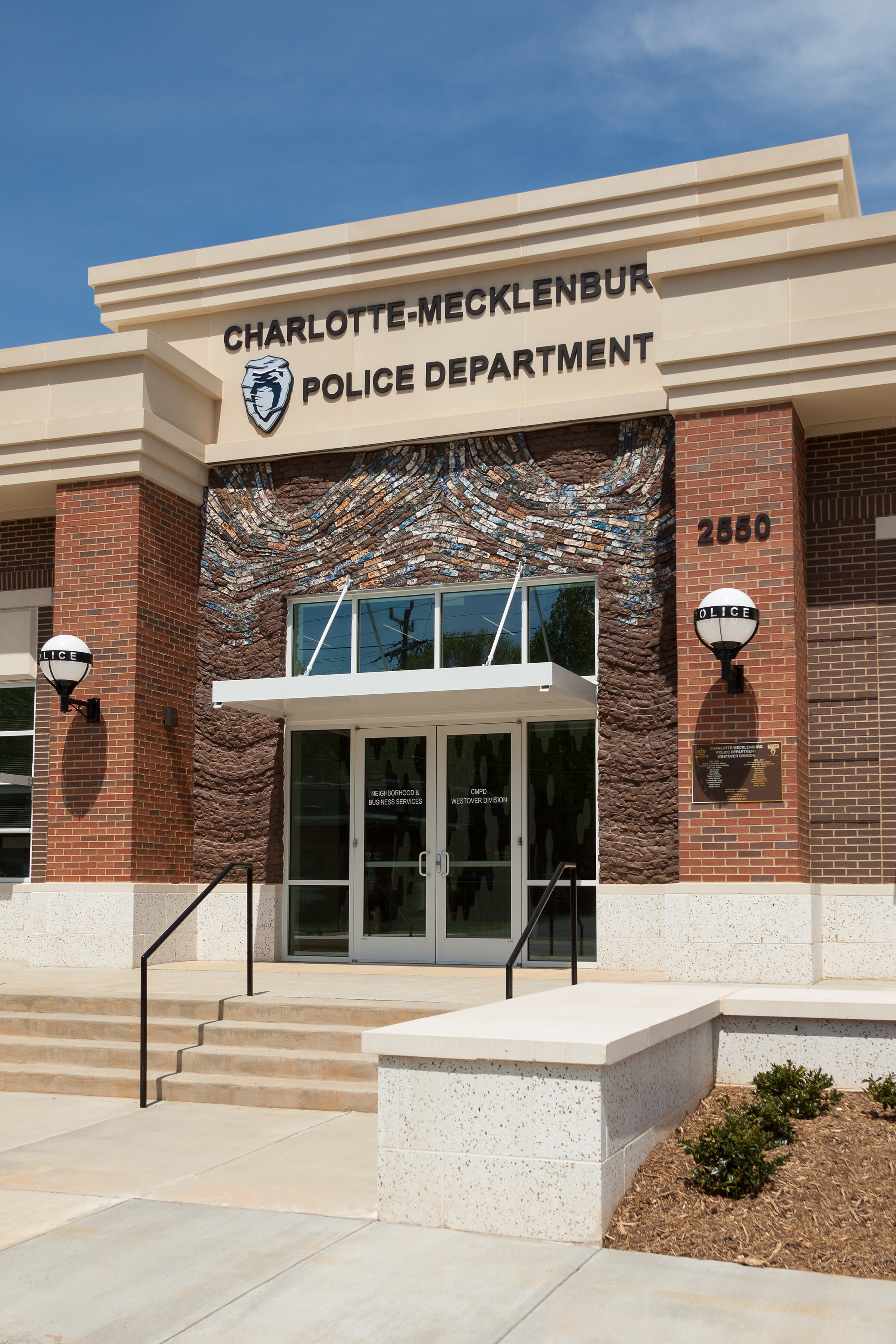 Carved salt glazed bricks form swooping design on on facade of Charlotte Mecklenburg Police Dept Building