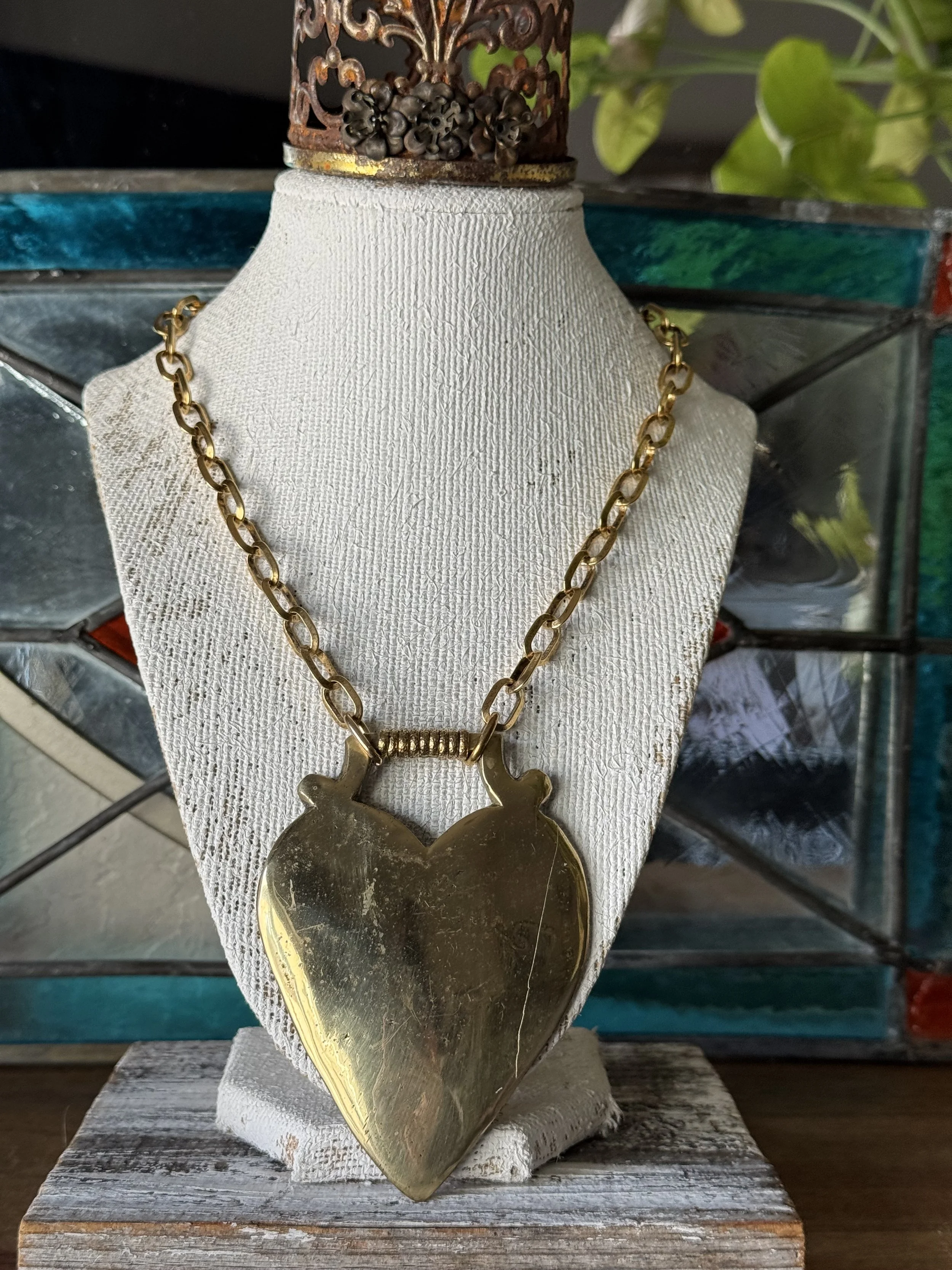 Large Heart Horse Brass Necklace