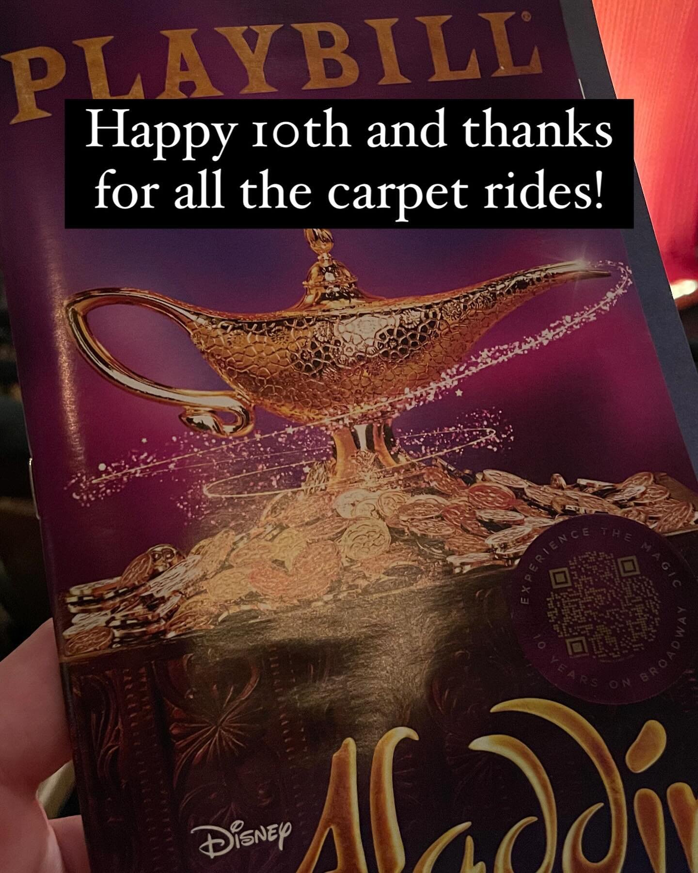 @aladdin celebrates 10 years in Broadway tonight - proud and honored to be a part of this wonderful show! Here&rsquo;s to all the carpet rides, past and still to come!