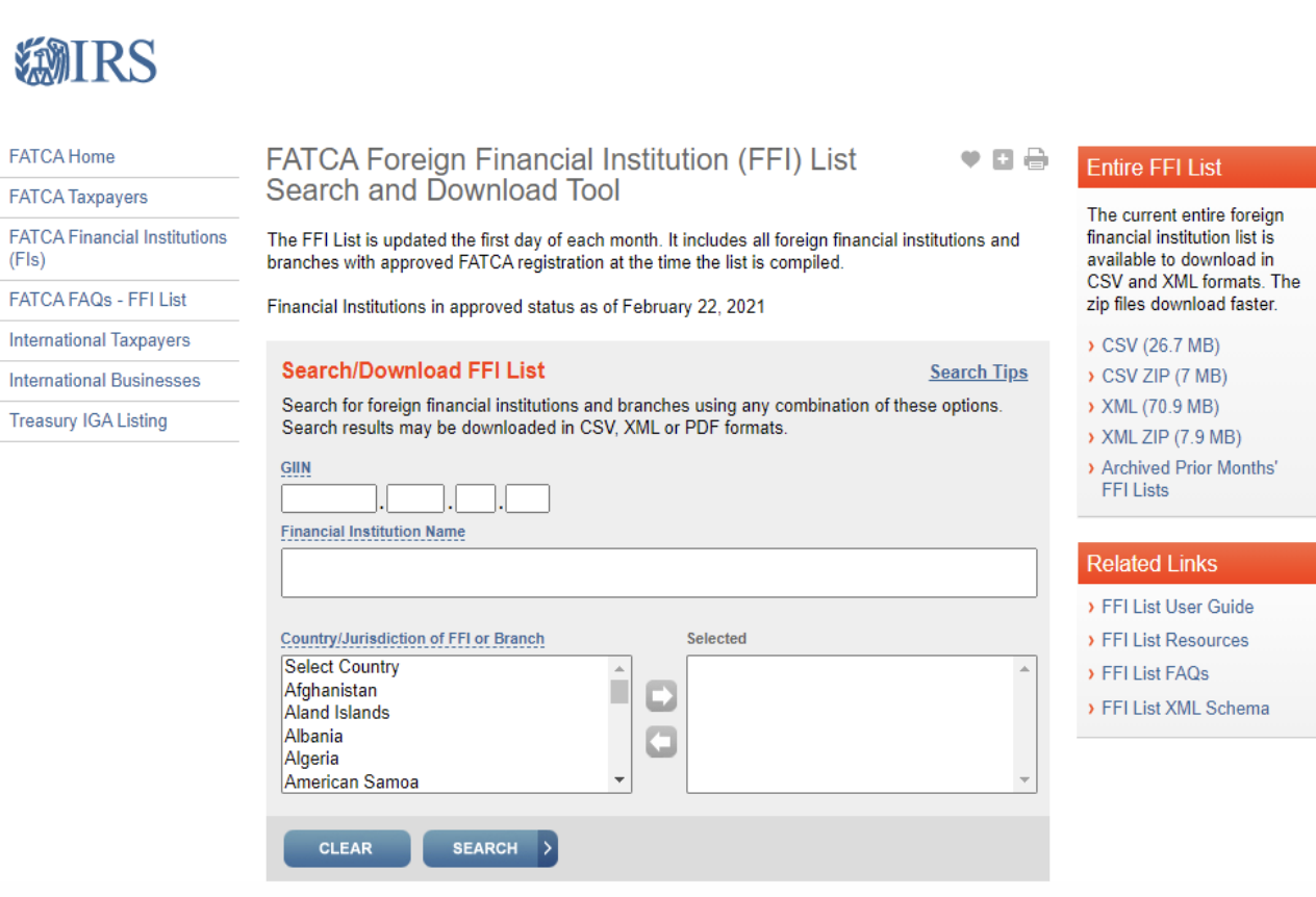IRS FATCA FFI搜索工作以及GIIN号码