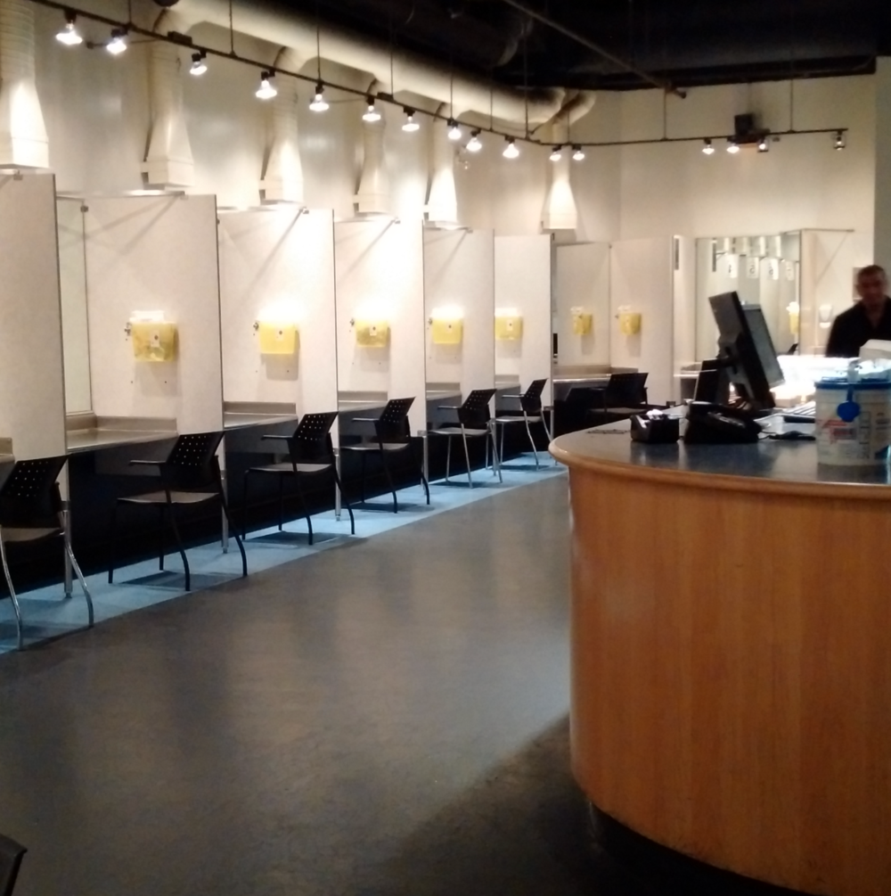  Injection booths on the left and the nursing station on the right, where staff monitor clients.  http://www.vch.ca/public-health/harm-reduction/supervised-consumption-sites.  