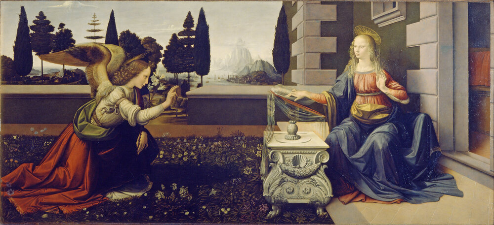  Leonardo da Vinci,  Annunciation,  1472-1475. Uffizi.  