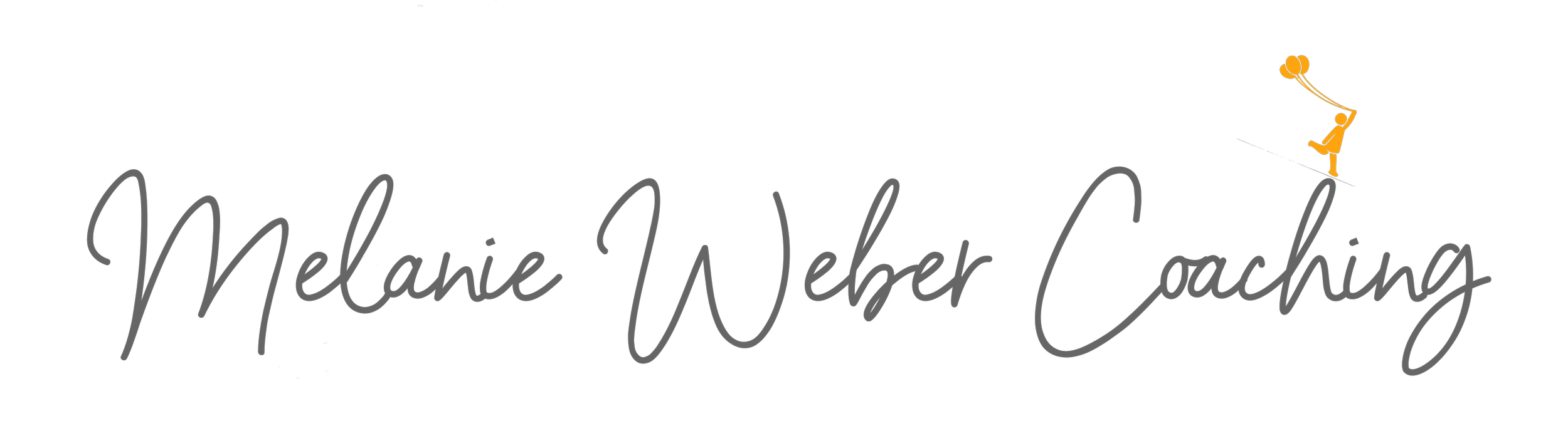 Logo mit Text „Mélanie Weber Coaching“ in eleganter Handschrift, ein kleiner orangefarbener Kite sitzt auf dem letzten Buchstaben, ein kleines gelbes Boot mit einer Figur befindet sich im oberen rechten Bereich, die Figur sitzt im Boot und hält eine Rakete, die nach oben zeigt.