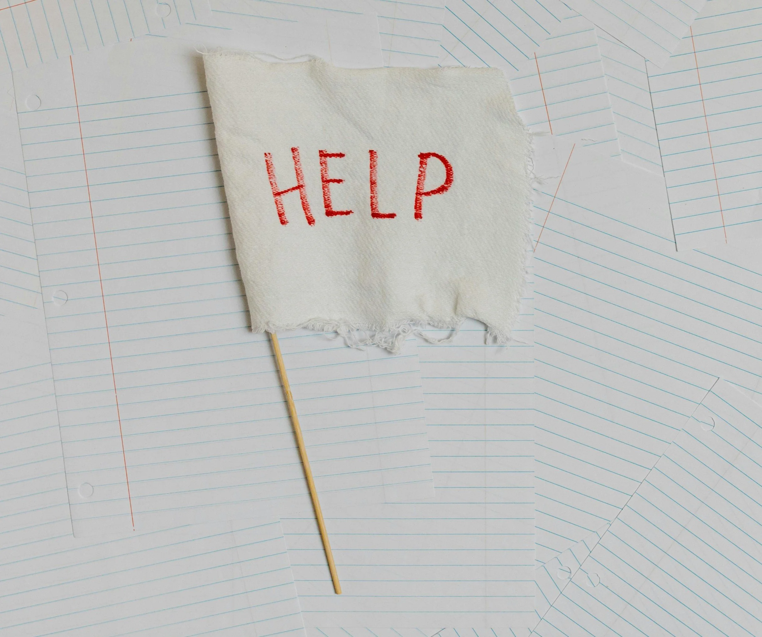 A little fabric flag on a cocktail stick saying 'help'