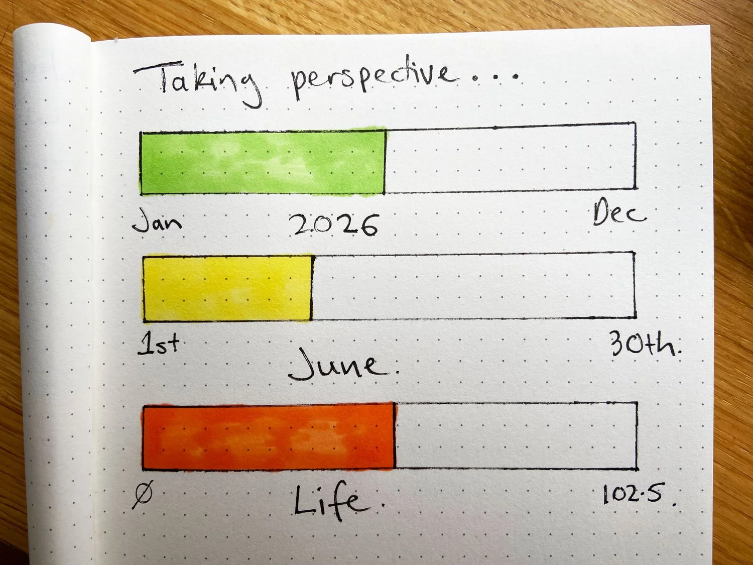 Three hand-drawn bars on paper, each showing how much is gone and how much is still to come