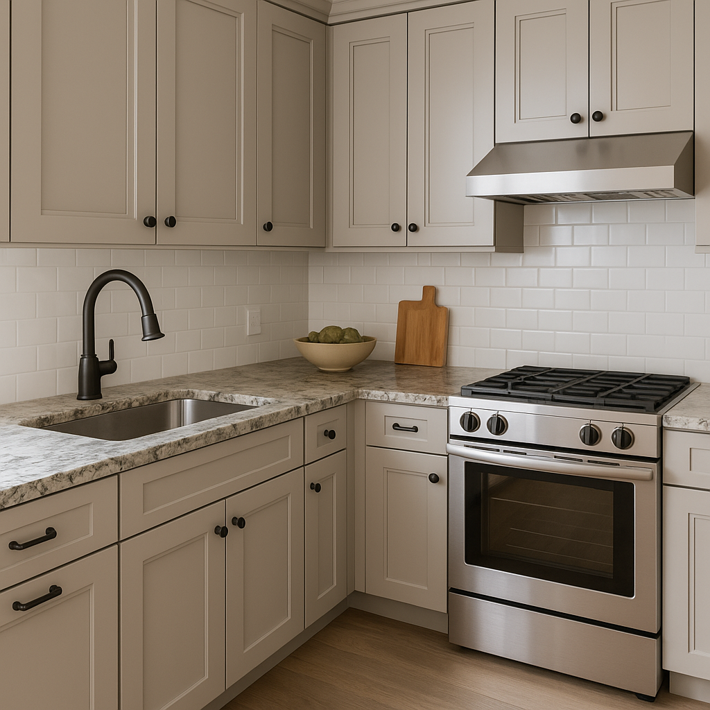 Kitchen with beige cabinets, stainless steel stove and range hood, black faucet, marble countertop, and white subway tile backsplash.