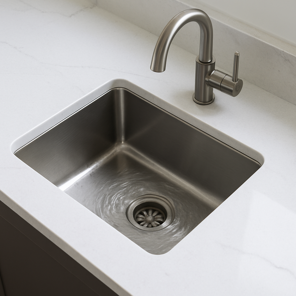 A stainless steel kitchen sink with a modern faucet on a white countertop.