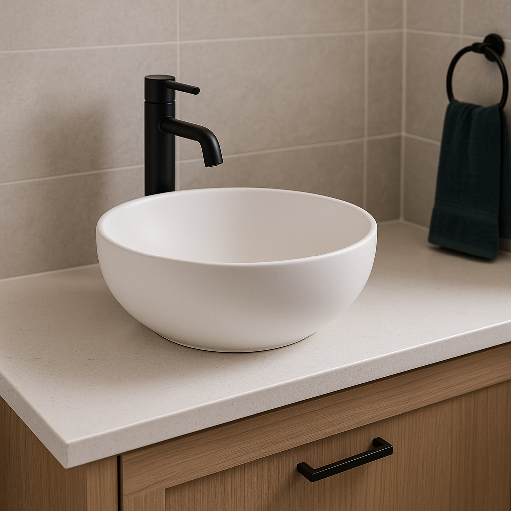 Modern bathroom sink with matte black faucet on light-colored countertop and beige tiled wall.