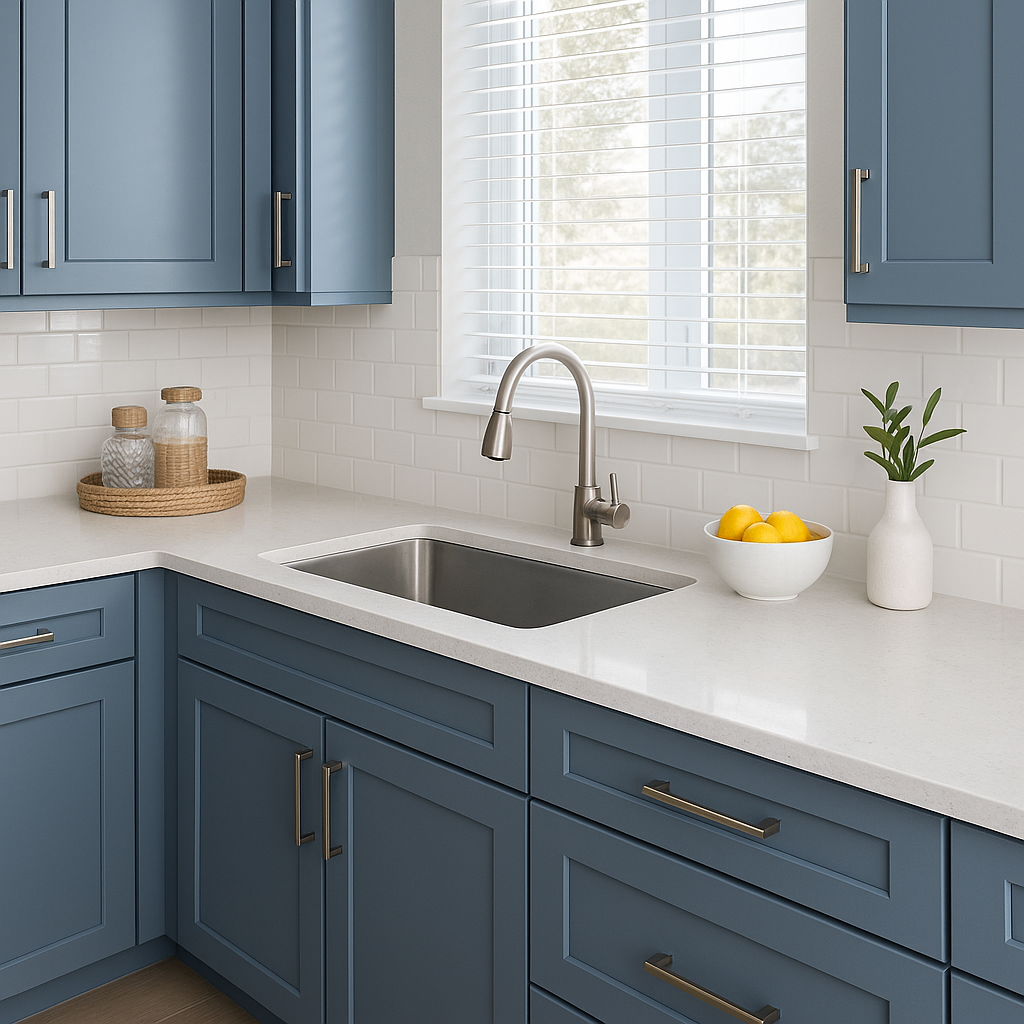 Kitchen with blue cabinets, white countertop, stainless steel sink, and white subway tile backsplash. There is a window with blinds, a white bowl of lemons, a white vase with green plant, and two glass jars with wooden lids on a woven tray.