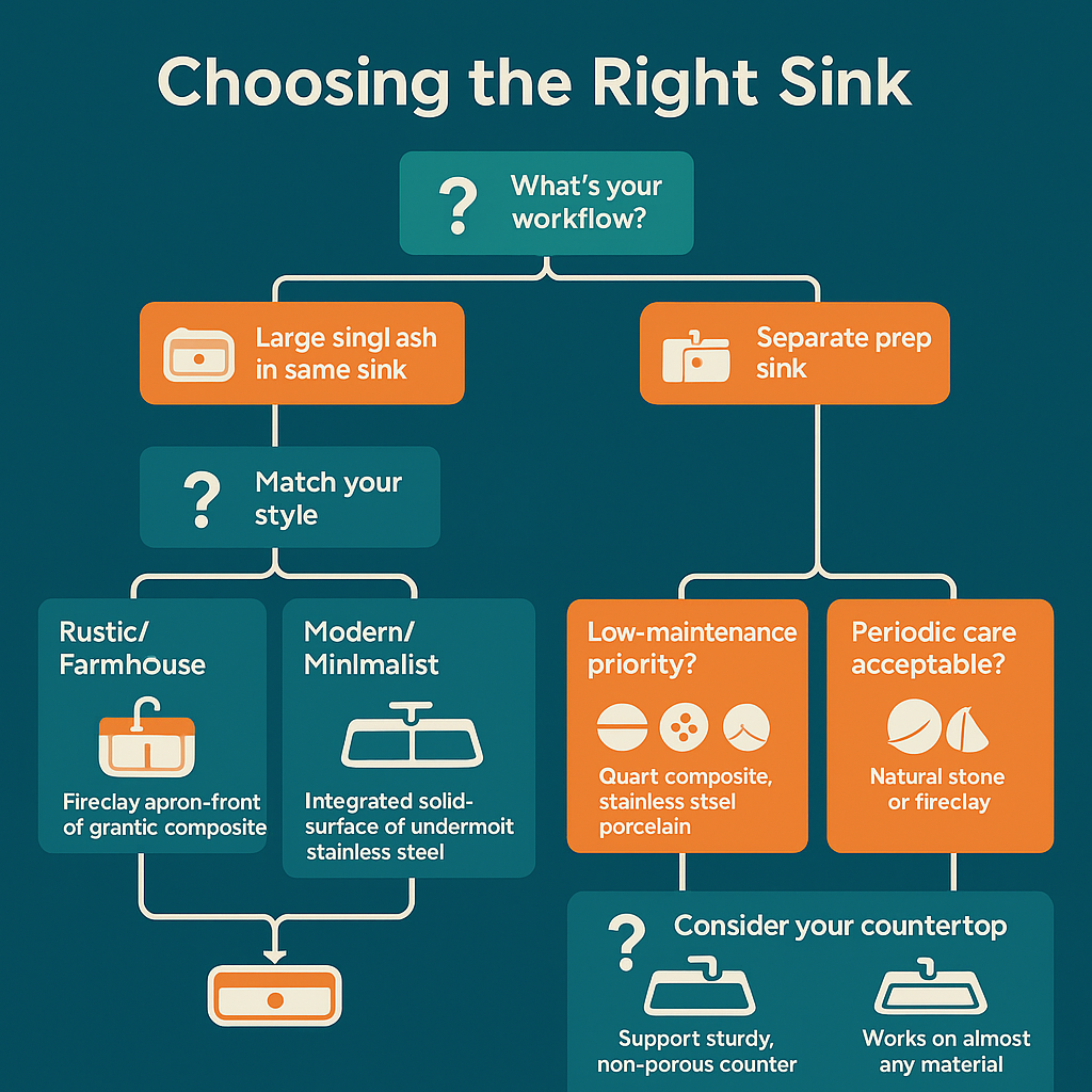Flowchart titled 'Choosing the Right Sink' showing decision steps for selecting a kitchen or bathroom sink based on workflow, style, preparation needs, maintenance, and material preferences.