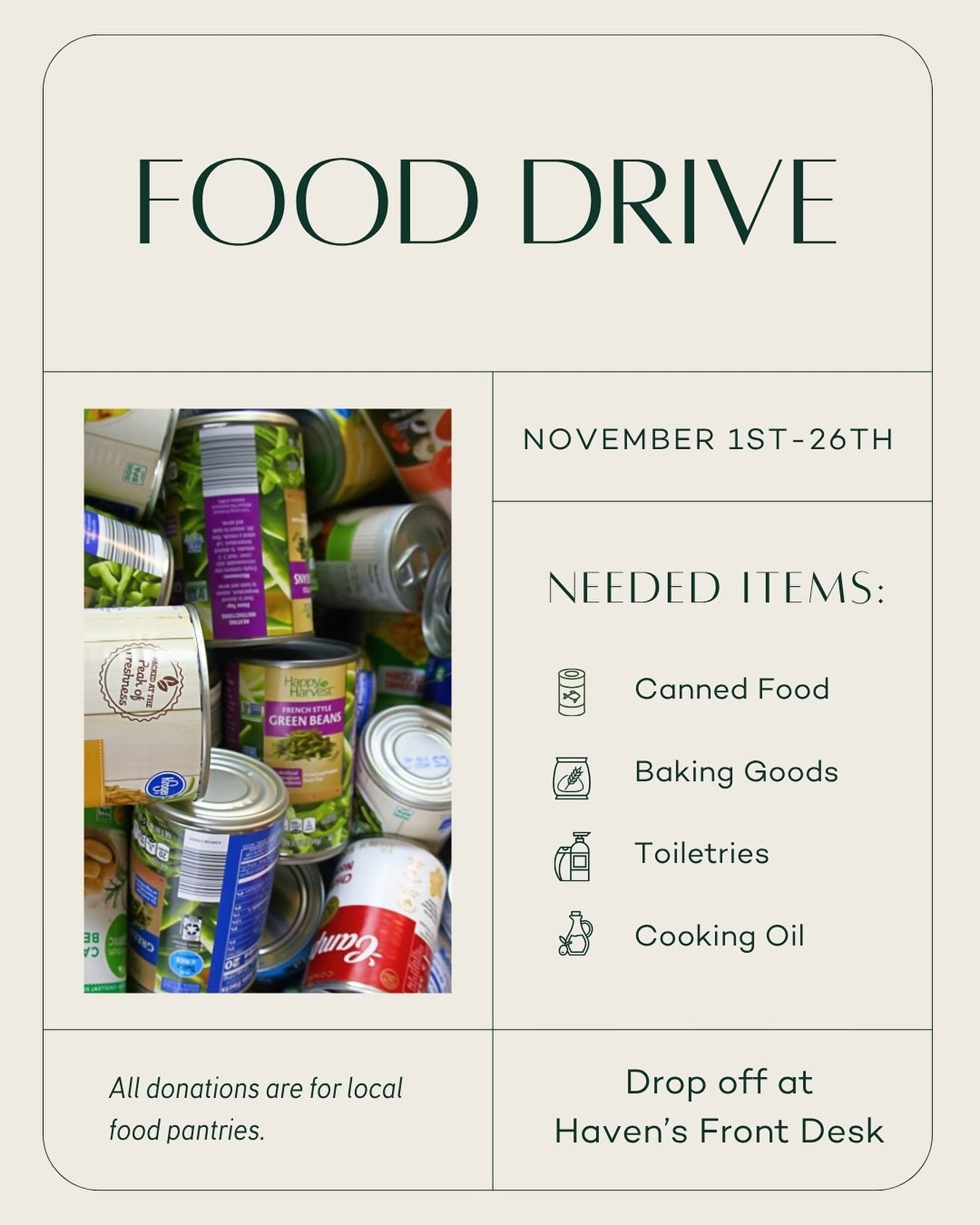 This month, we are collecting non-perishable food donations for our local food pantries! Many in our community have lost access to SNAP benefits and are struggling to access essential items and food. Any donation is appreciated and we know will make 
