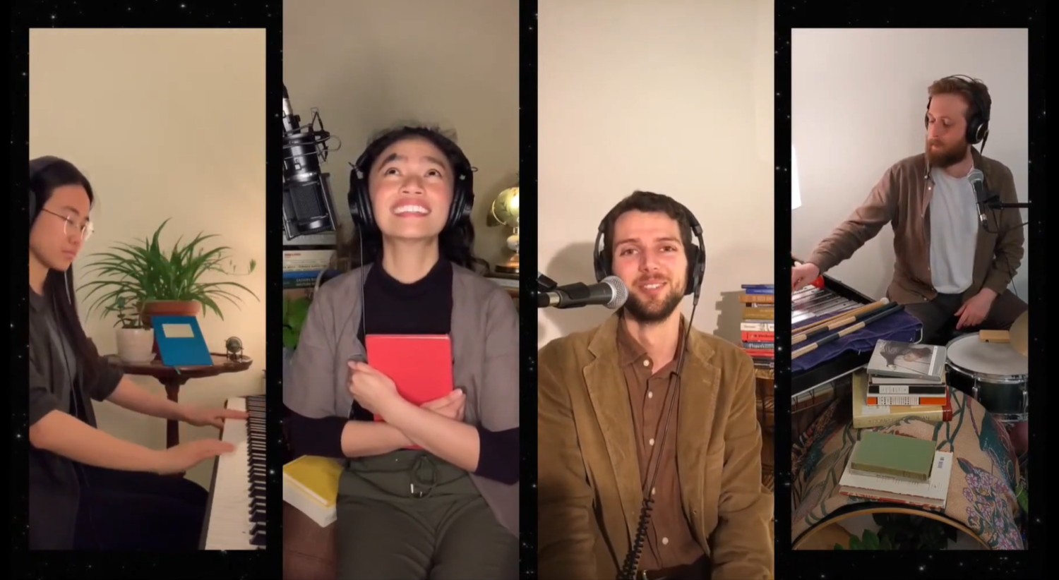 From left to right: pianist/vocalist Mingjia Chen, Belinda Corpuz as Ursa, Sam Boer as Bear, and drummer/vocalist Jake Schindler.Alt text: A split screen of a woman at a piano with a plant nearby, a woman clutching a red book looking at the sky, a man smiling at the camera with books in the background, a man at a drum kit with a stack of books between his legs.