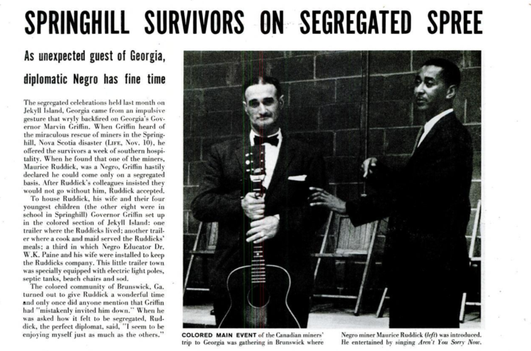 A magazine clipping from LIFE Magazine’s December 1958 edition detailing Maurice Ruddick’s segregation at Jekyll Island where the Governor of Georgia invited the Springhill survivors.