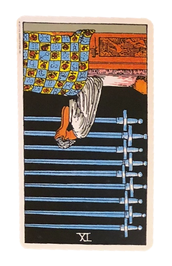 Image provide by Hetty Roi.Alt text: The card displays someone sitting up in bed with their head in their hands. A blue and yellow quilt covers their legs, and above, amidst a black background, nine swords hang horizontally. The card is upside down.