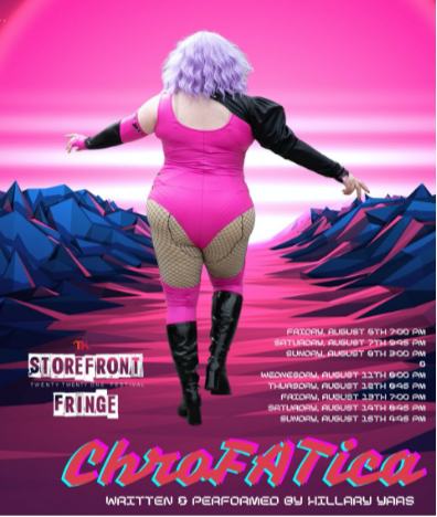 Poster for ChroFATicaAlt Text: The poster for ChroFATica. In the center is a drag performer in a neon pink leotard with a single-shoulder black jacket, knee-high black boots with neon pink coverings over the knee, fishnets, and a short, pastel, lavender hair. She is walking away from the camera into a valley between geometrically structured rocks.