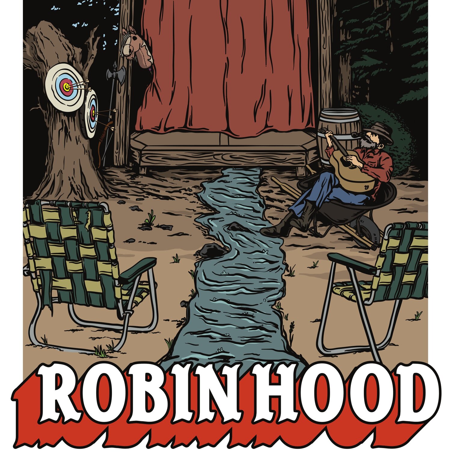 Poster for Robin Hood. Alt text: The cartoon poster features a stage in the woods framed with brown wood and decorated with yellow, red and blue bunting. Two lawn chairs face the stage, separated by a small stream that flows down the middle of the poster. A bearded character with a guitar sits in front of the stage to the right, while to the left, two targets hang, both with multiple arrows stuck in the bullseye. ‘ROBIN HOOD’ is written in white at the bottom with red shadowing.