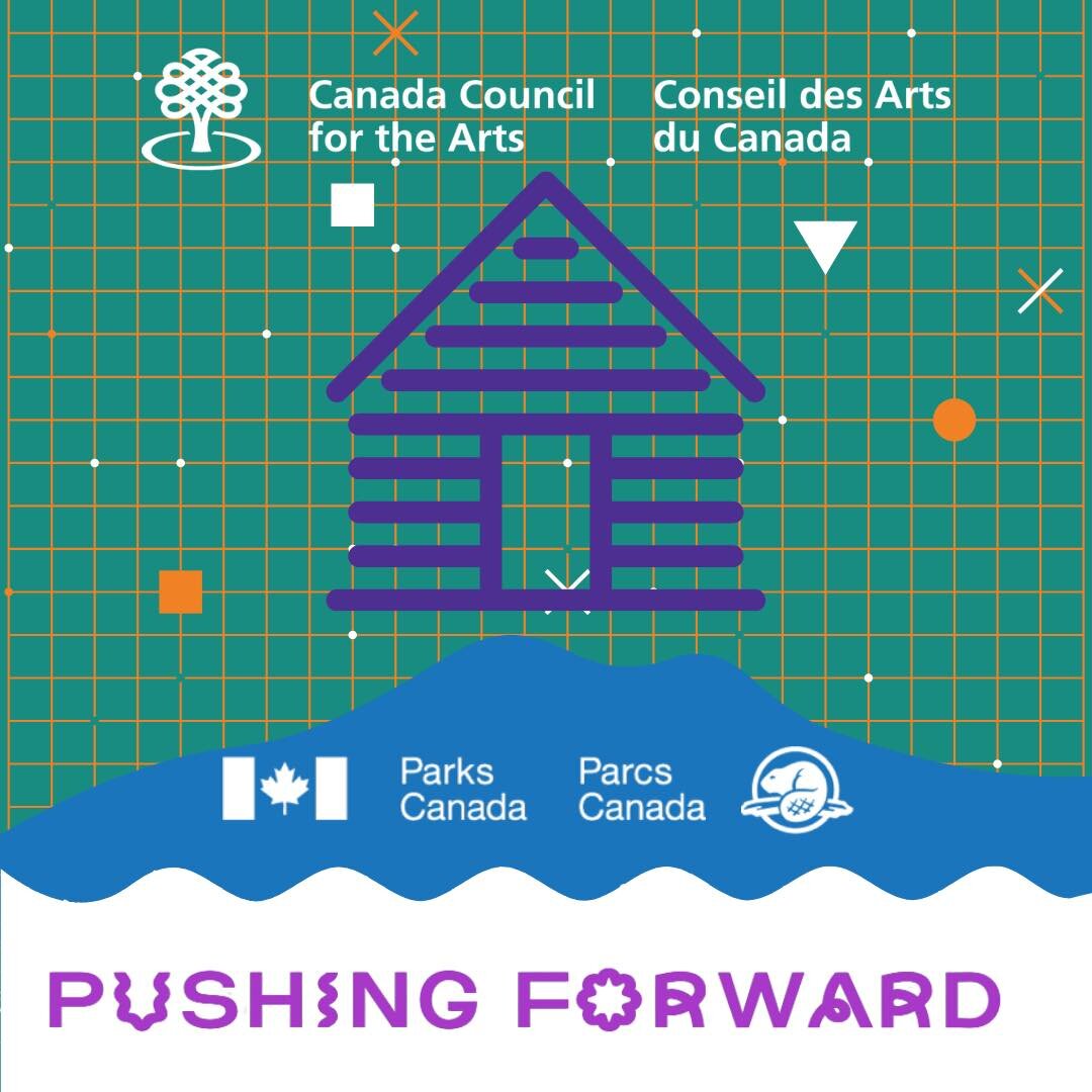 Poster for Cedar Island Lodge, designed by the Kick&Push Marketing TeamAlt Text: A green grid background is seen behind a purple log house logo. Above the log house is the logo for the Canada Council for the Arts, and below it is the logo for Parks Canada. In purple stylized text is the phrase “Pushing Forward”.