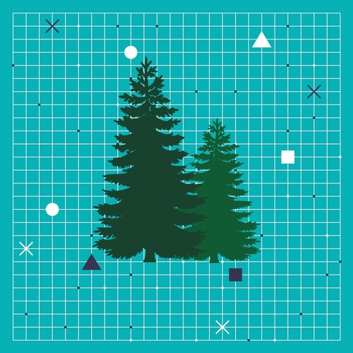 Promotional design for Mosher Island from the Kick and Push website.Alt Text: A light blue background with a white grid on it, with a sparse amount of either white or dark blue circles, triangles, squares, and X’s placed around two green coniferous trees, one darker and one lighter.