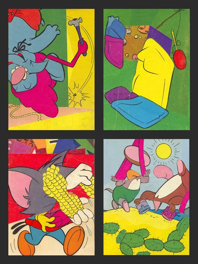  Four separate 5”x7” collage works based on vintage 1970s funny animal comic book covers. Adhered to wood panel. Shown as one unit on a dark background. US$350 for the set or US$100 each. Unframed. © Mark Montgomery 2023. 