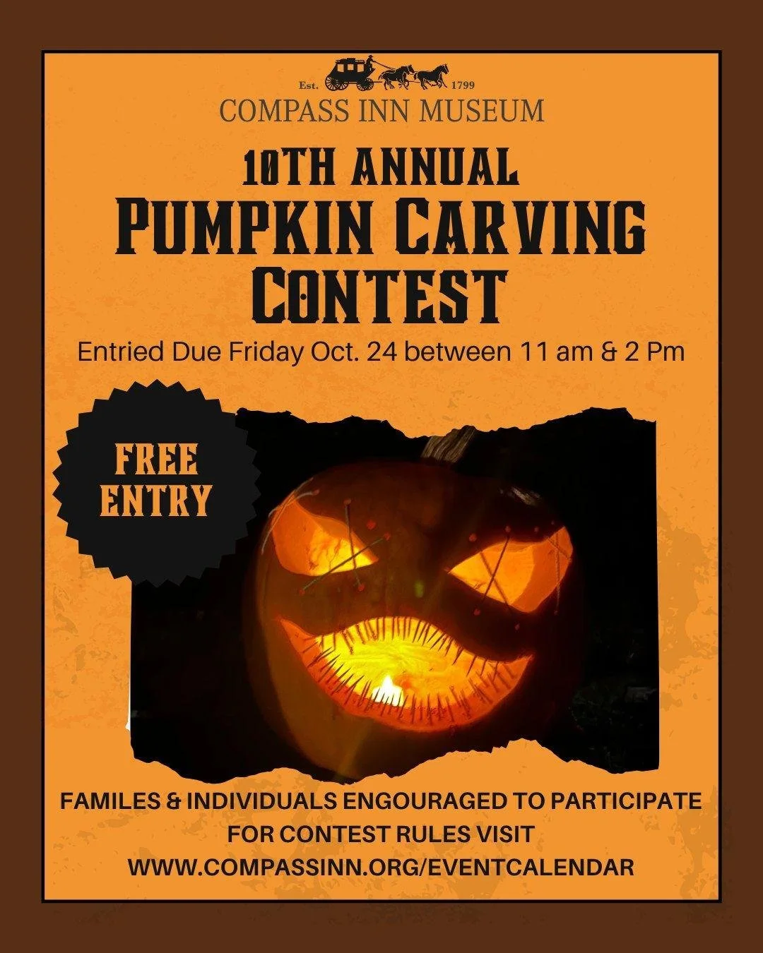 Two fun events kick off at the Compass Inn Museum THIS Friday, October 24th! 

1. Submit your entry to our FREE Pumpkin Carving Contest between 11:00 AM and 2:00 PM.

2. Our Haunted Halloween Tales: True Stories from the Ligonier Valley Candlelight T