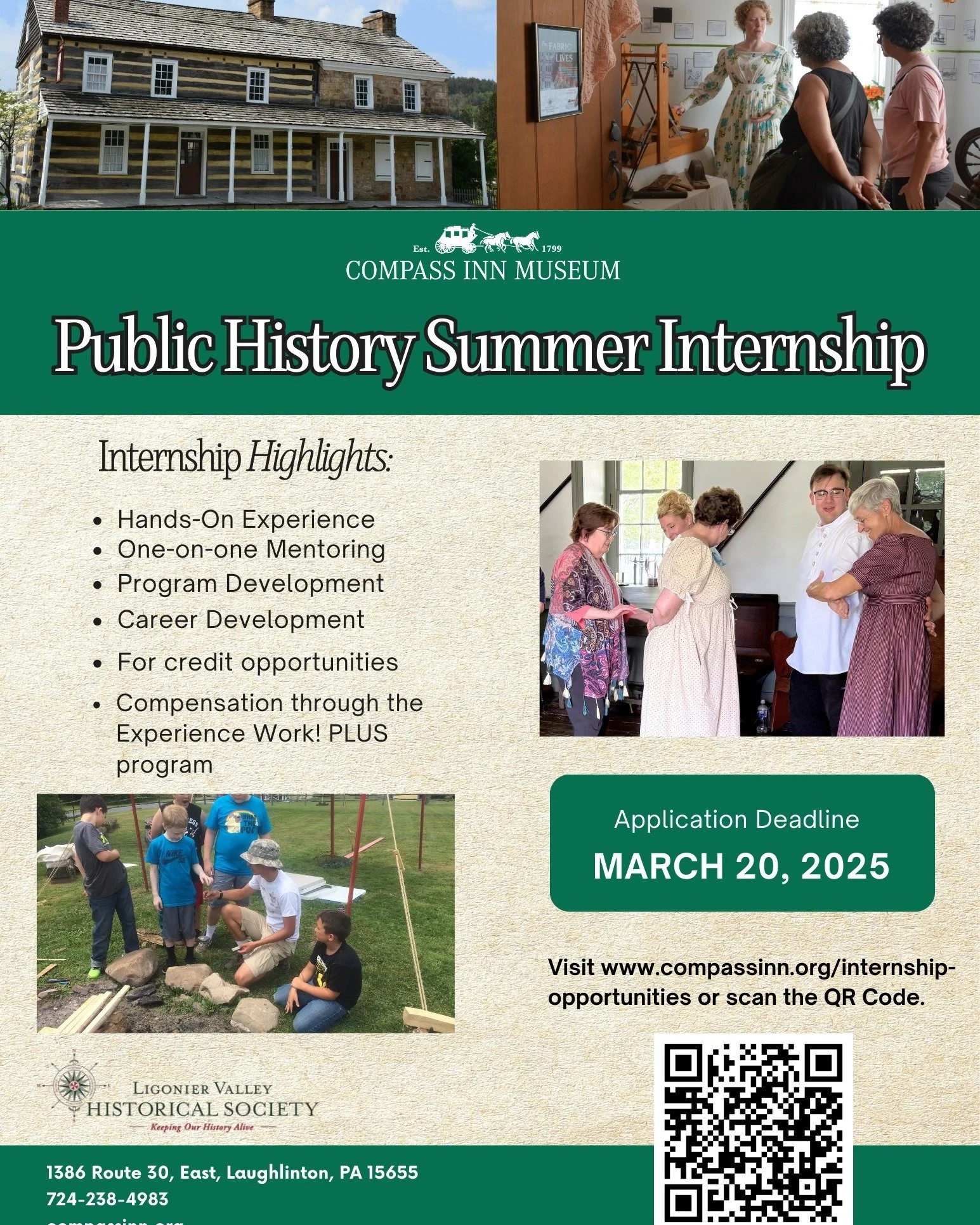 Step into the past and build your future! 🏛️✨

The Compass Inn Museum Public History Summer Internship offers hands-on experience, one-on-one mentoring, program development, and real career-building opportunities.

📅 Apply by March 20, 2025
📍 Ligo
