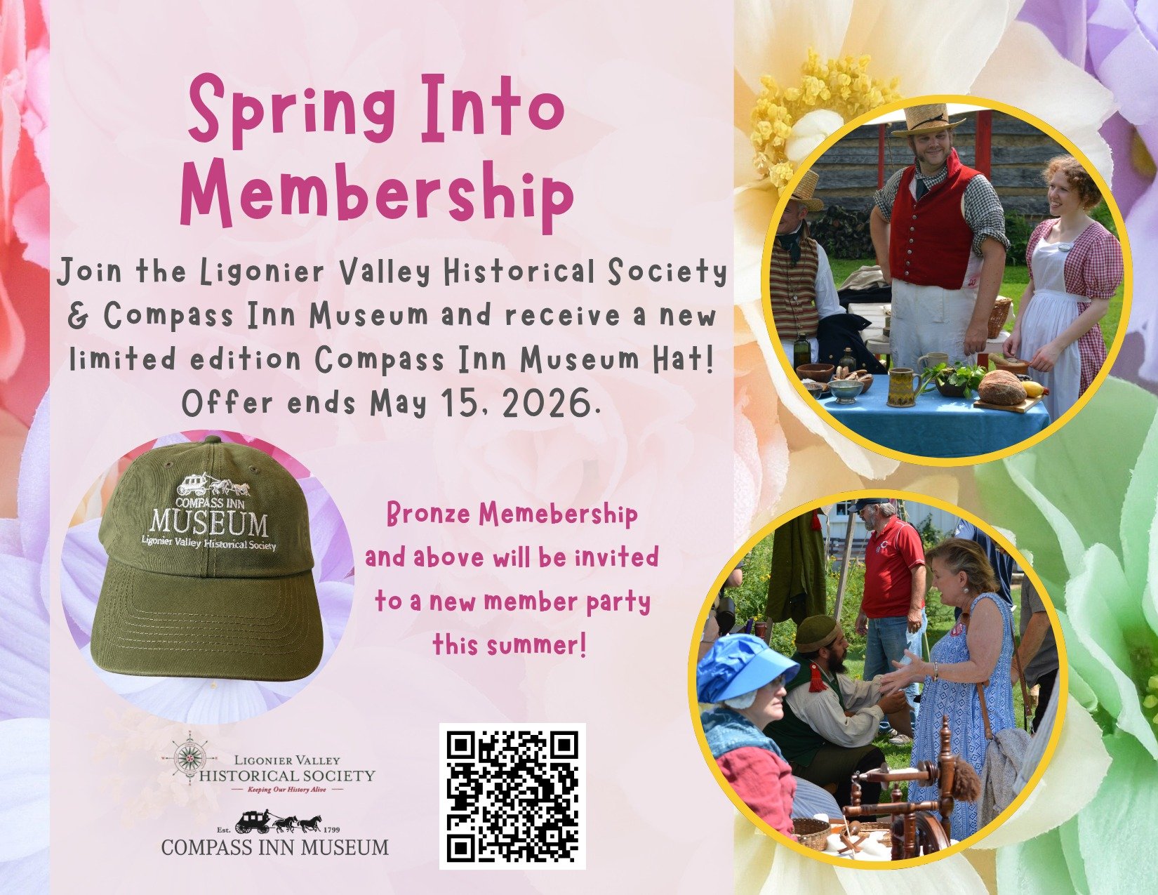 Don't Miss Out!

There&rsquo;s still time to join our Spring Into Membership Drive before it wraps up on May 15, 2026. New members receive a special Compass Inn Museum hat, and Bronze‑level members and above are invited to a private summer celebratio