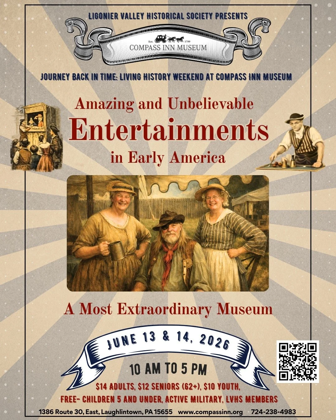 Journey Back in Time: Living History Weekend at Compass Inn Museum....

Join us June 13 &amp; 14 from 10 AM to 5 PM for Amazing and Unbelievable Entertainments in Early America. This Most Extraordinary Museum takes visitors back to a time where curio