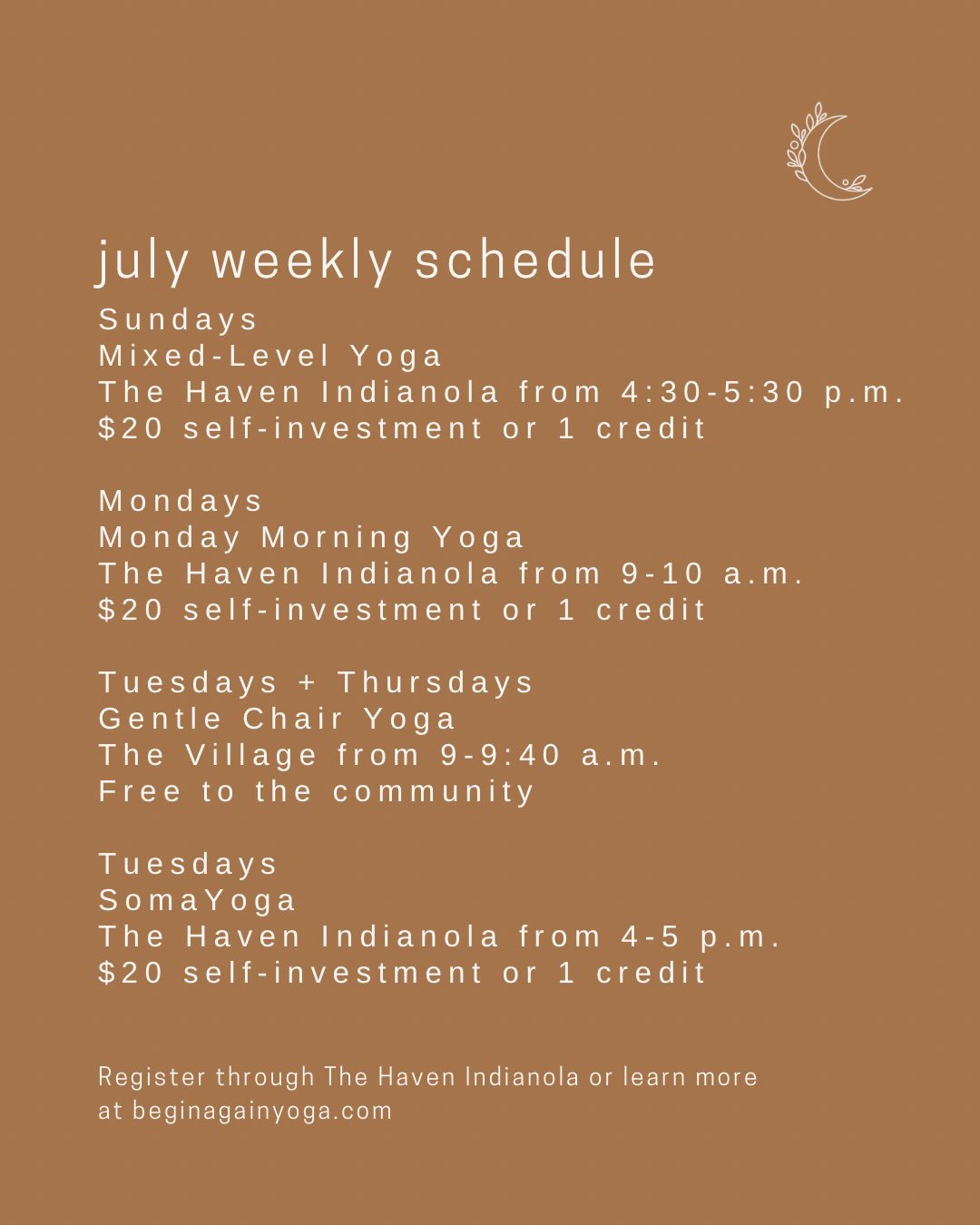 Simple schedule. Simple events. Things don&rsquo;t have to be complicated. 🤍

Join me for some intentional movement + breath this month. Cool down ⬇️ as it&rsquo;s heating up. ⬆️