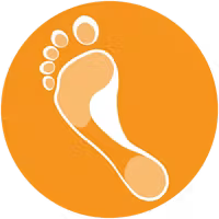 My Foot Function logo which is a footprint icon on orange background