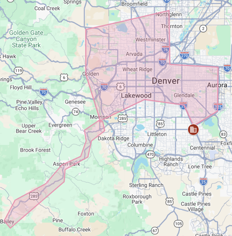 Map of Denver, Colorado and surrounding areas, showing city boundaries, highways, and landmarks such as Golden Gate Canyon State Park and Aspen Park.