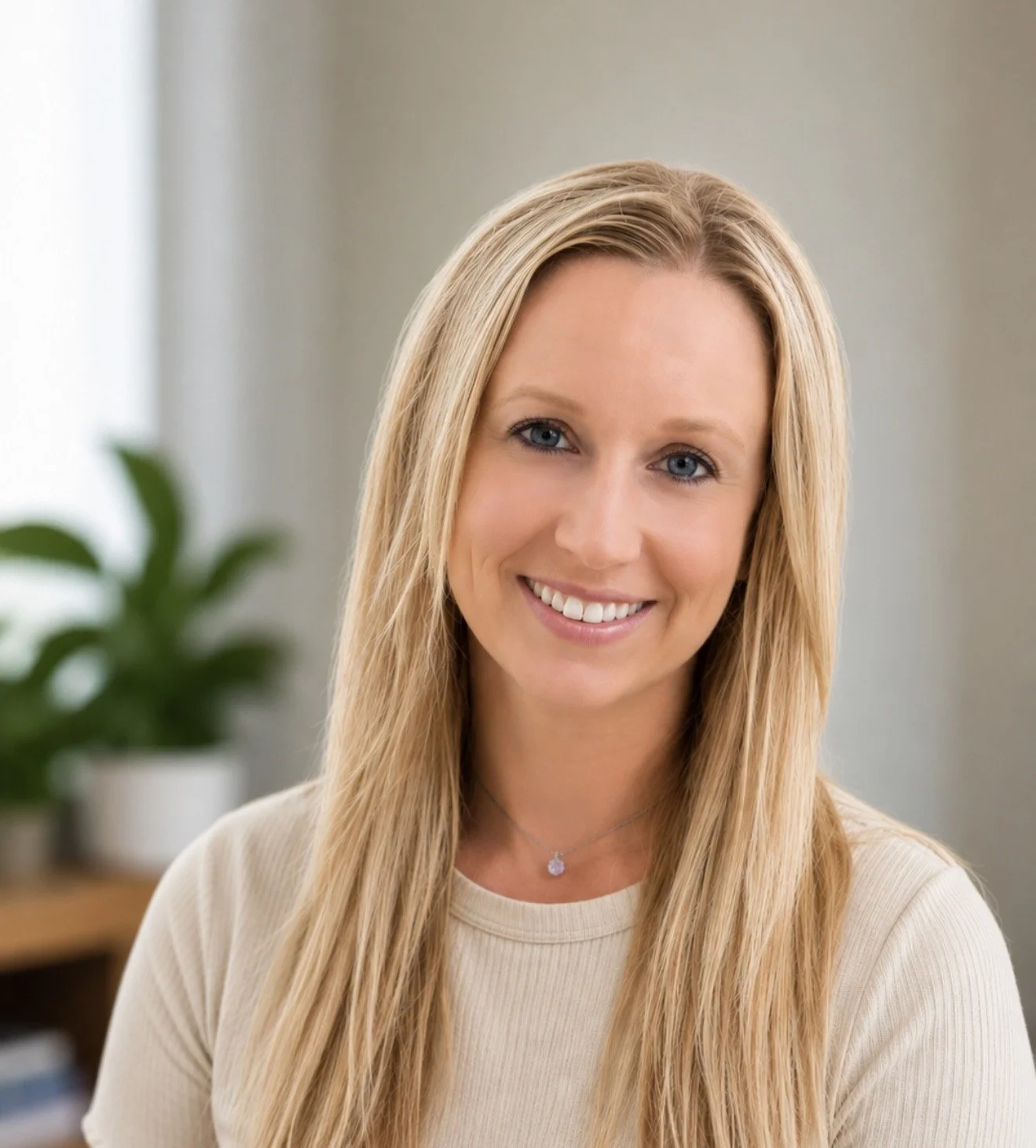 A young woman with long blonde hair, blue eyes, and a warm smile, sitting indoors with a blurred green plant in the background.