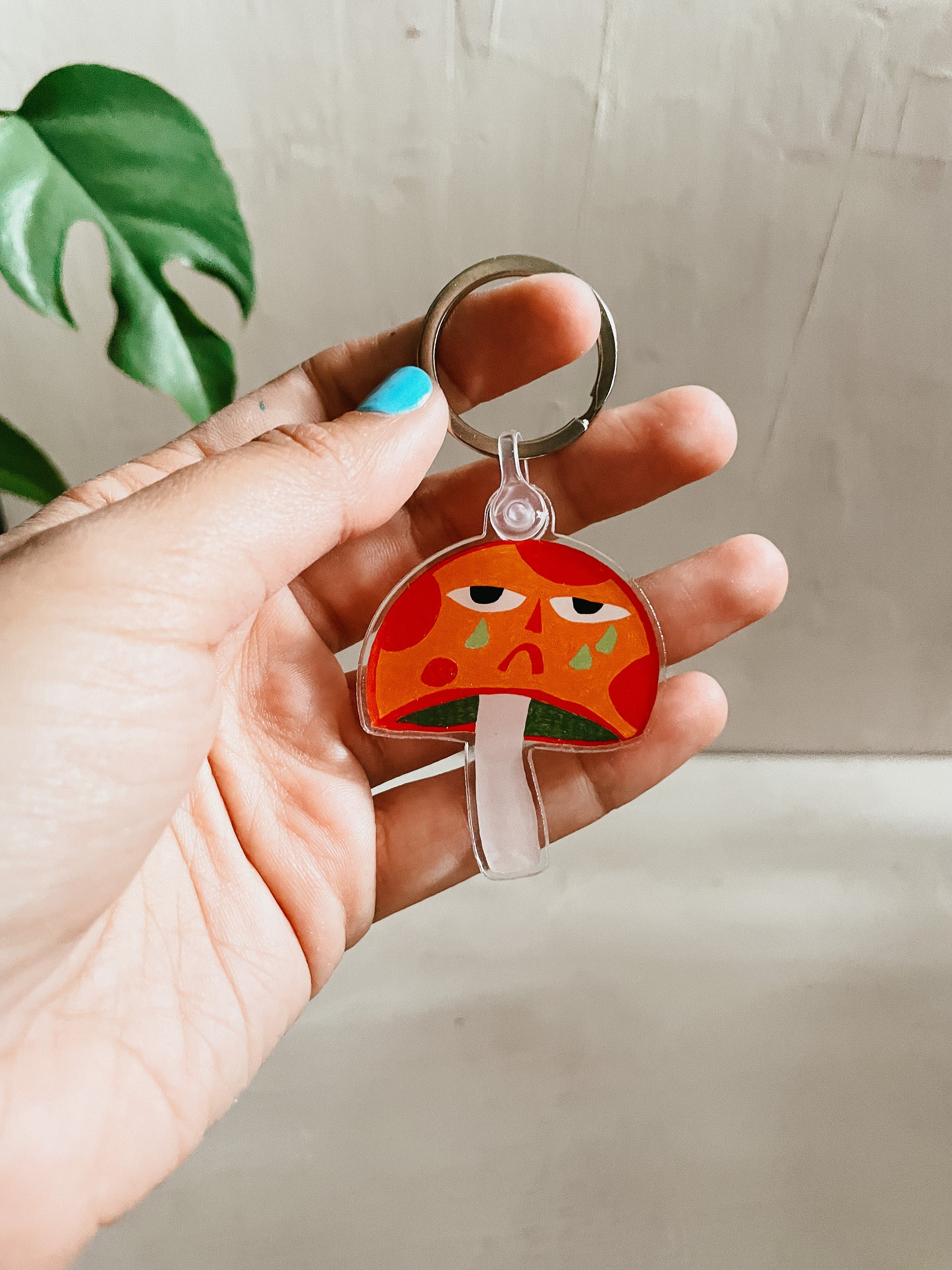 crying mushroom keychain, pretty keychain, acrylic keychain, house keys, car keys