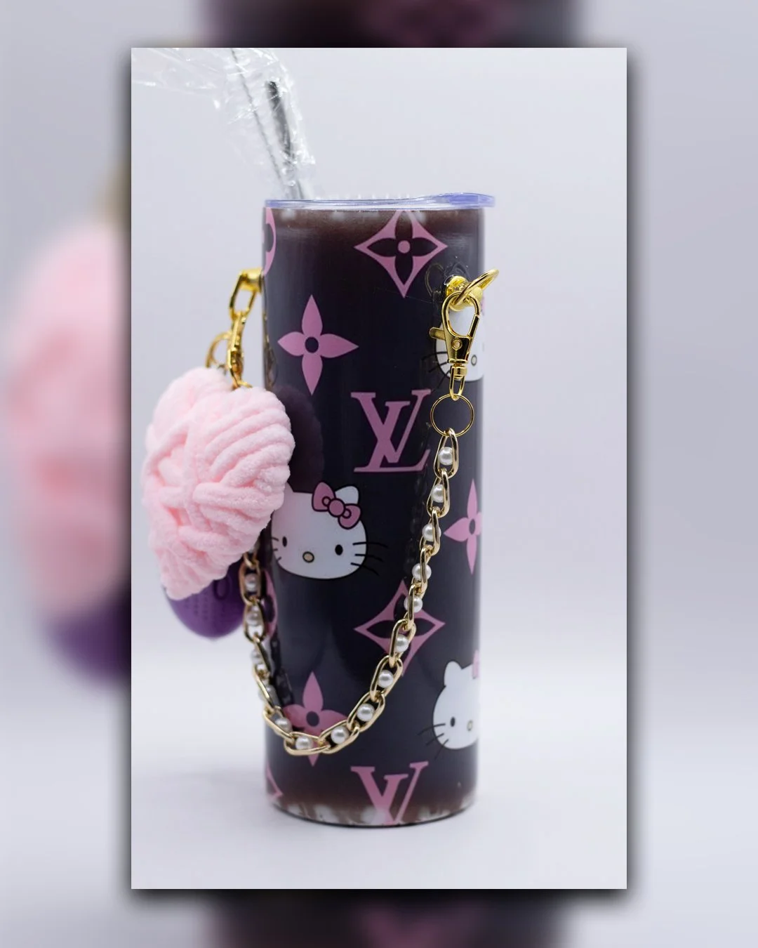 Cute "Hello Kitty Louis Vuitton" Inspired Designer Tumbler with Pearl Chain Luxury Tumbler