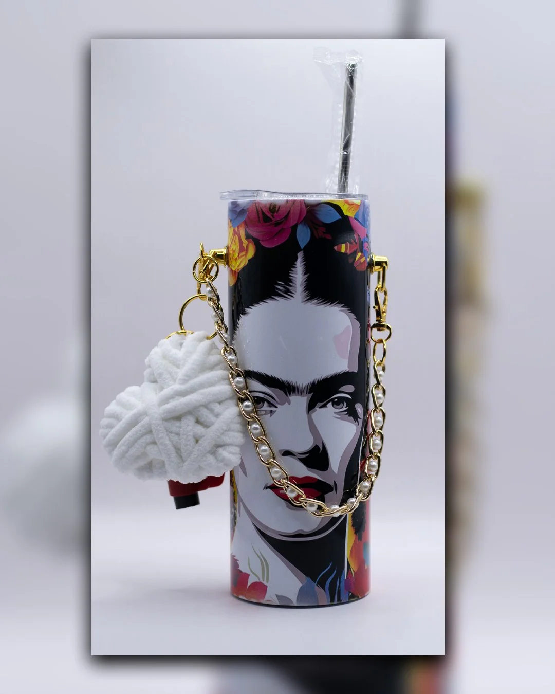 Frida Kahlo Inspired Stainless Steel Tumbler with Chain