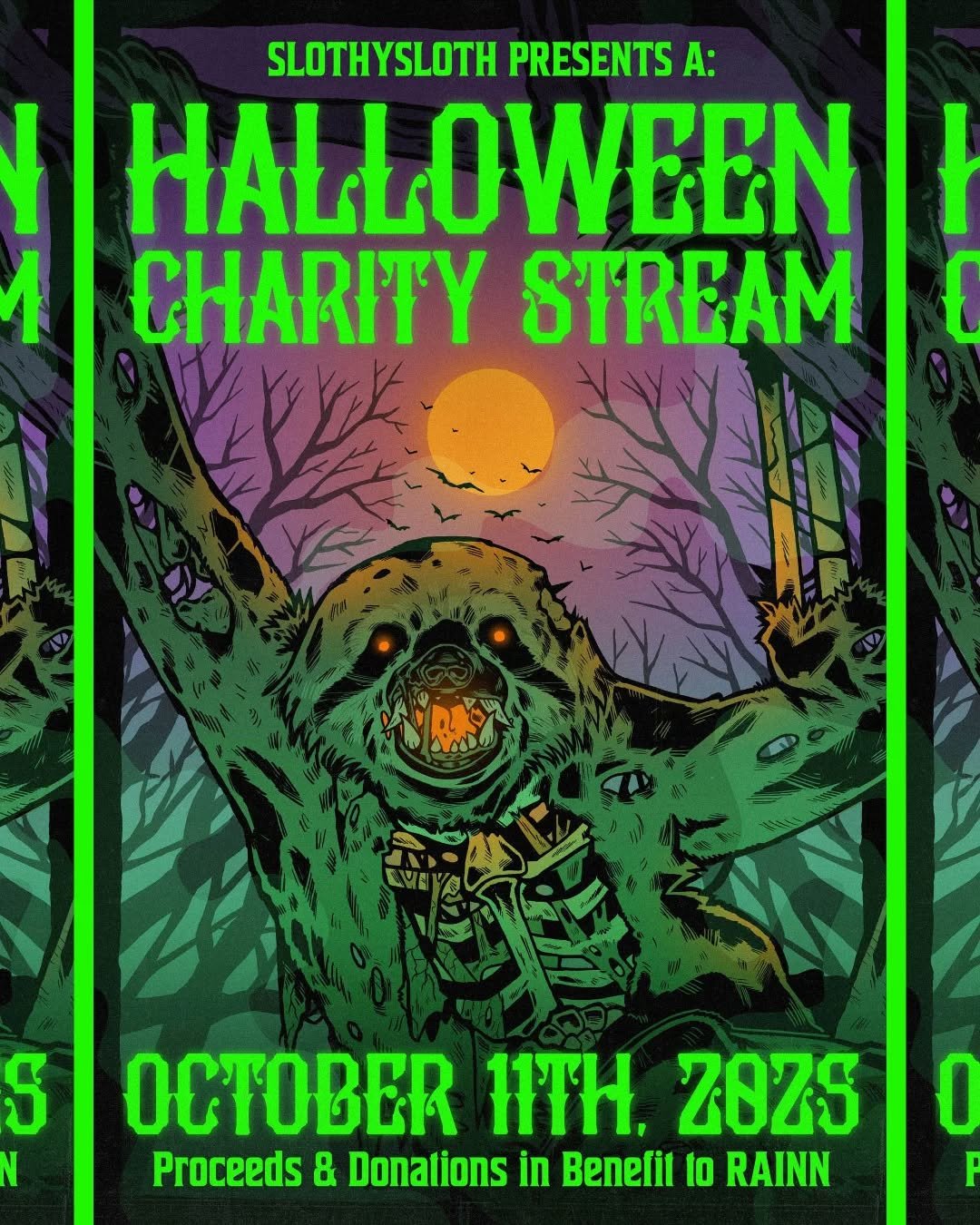 Event poster design + illustration created for twitch streamer Sl0thySl0th and their upcoming Halloween charity stream event