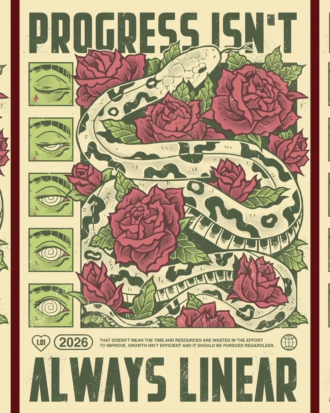 Week 1 in my weekly poster series for 2026. Starting late because I got COVID because of course I can't be timely with this illustration series lmao. 

I did 28 designs last year, so my feasible goal for this year is at least 30 and ideally the full 