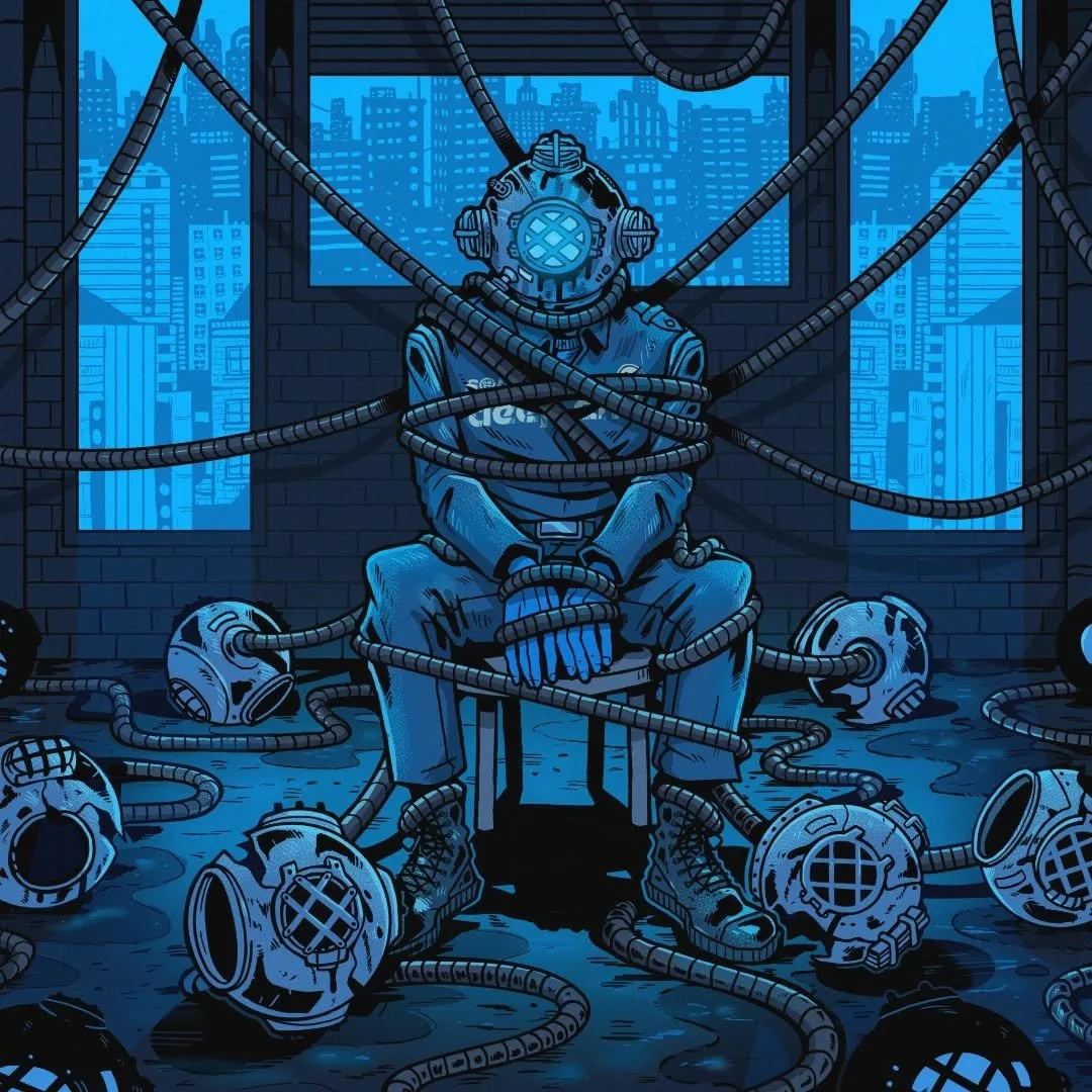 Cover art for @thedeepend.li and their latest single "Try It Again" + some unused concepts that got scrapped in development that I thought were cool to share

Love drawing this sad little diver boy