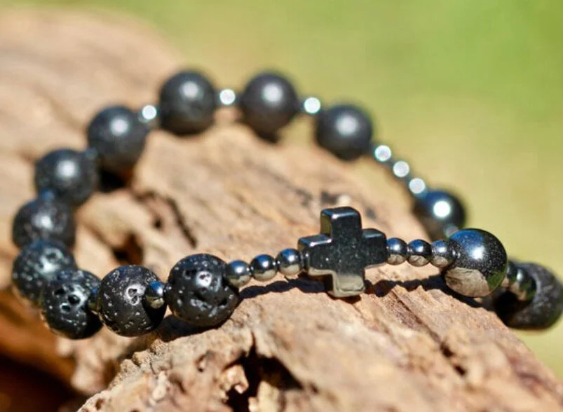 Volcanic Lava and Hematite Rosary Bracelet