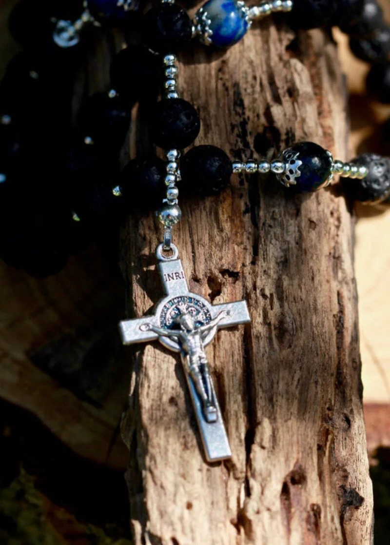 Volcanic Lava and Lapis Lazuli Gemstone Catholic Rosary