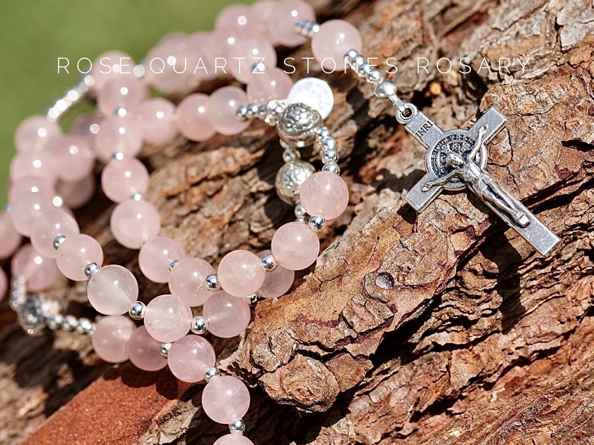 Rose Quartz and Thai Silver Gemstone Catholic Rosary