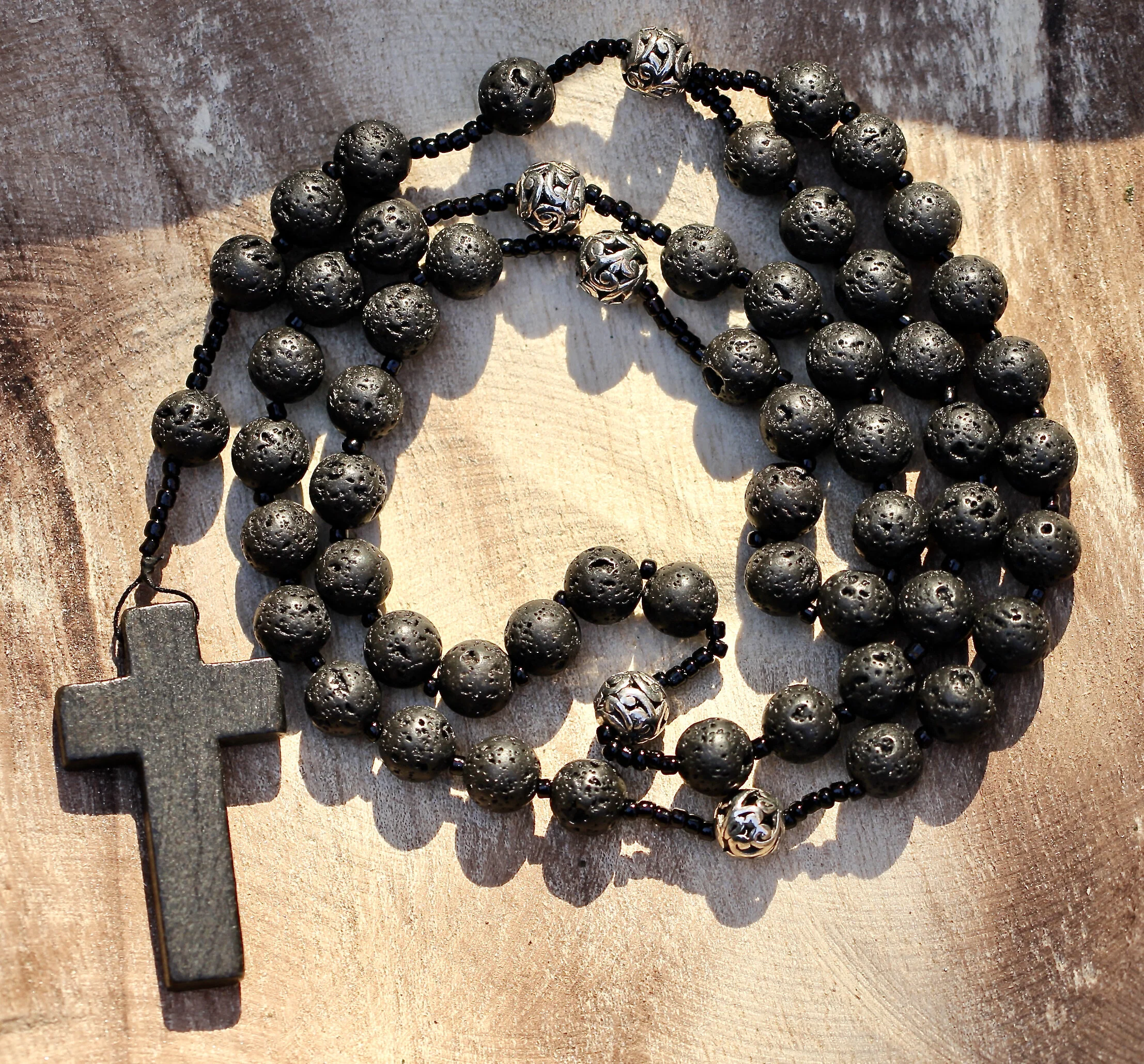 Volcanic Lava and Thai Silver Gemstone Catholic Rosary
