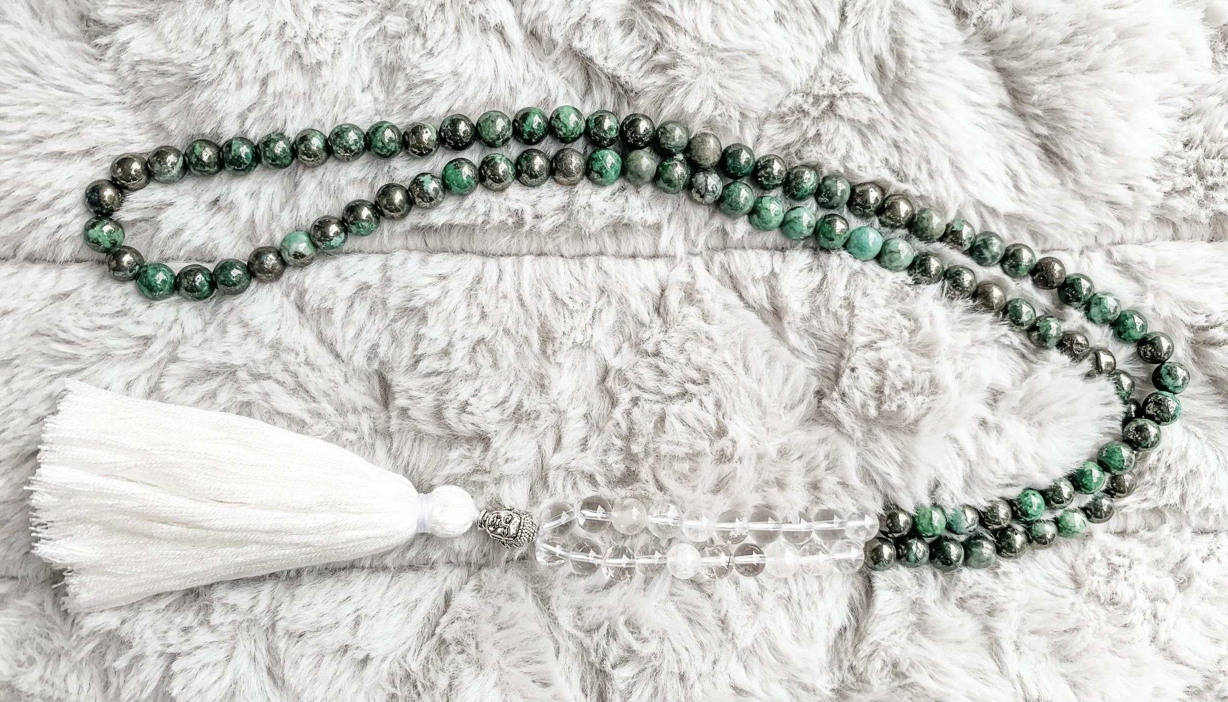Green Jasper with Pyrite inclusions and Quartz Mala