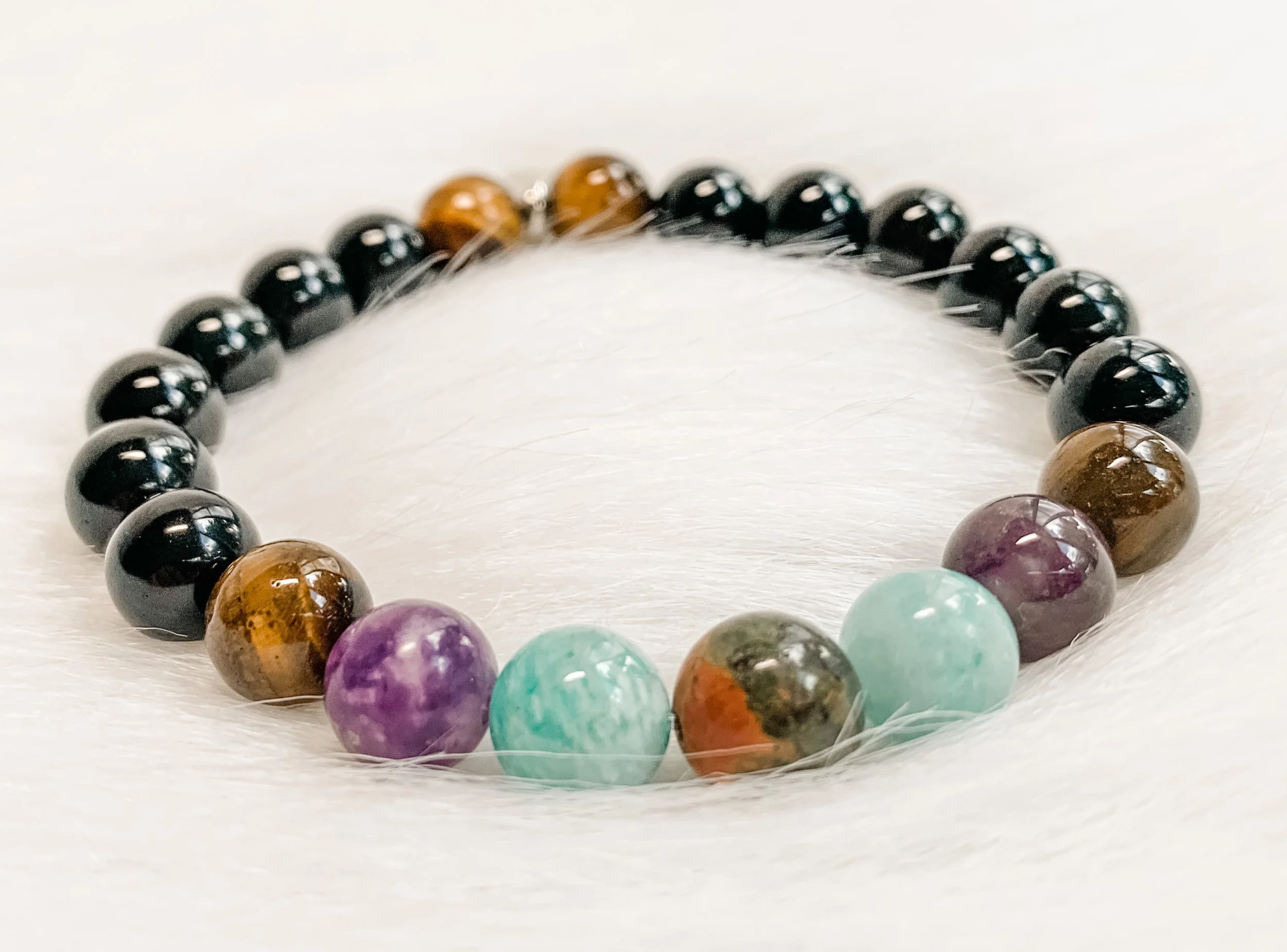 Lepidolite, Obsidian, Unakite and Amethyst Bracelet