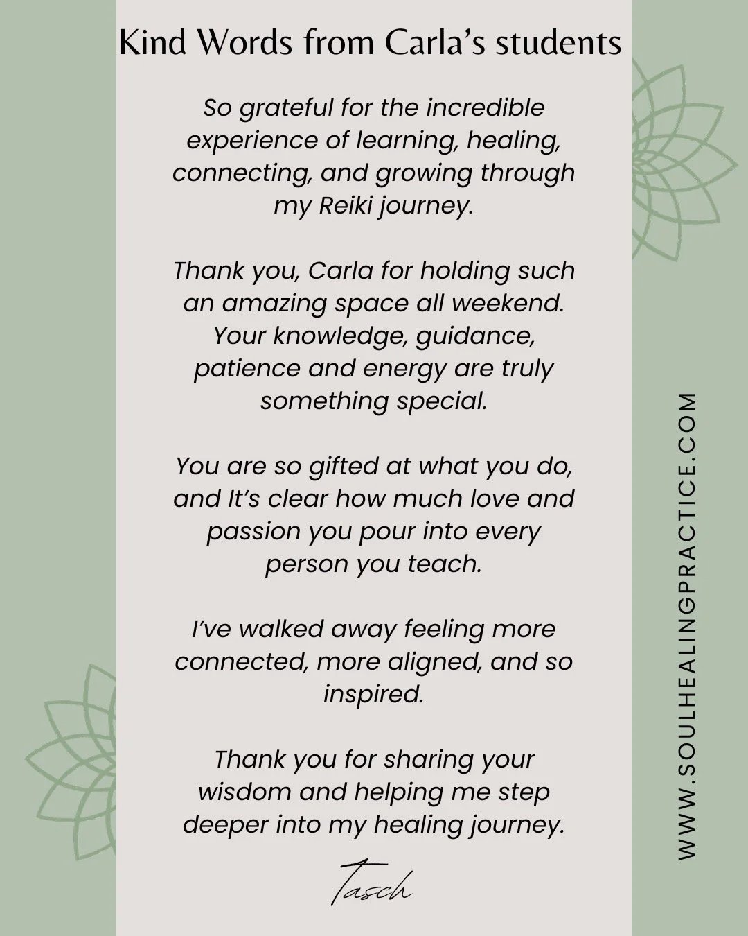 Oh Tash, thank you so much for your beautiful words. It was truly an honour to hold space for you this weekend and witness your Reiki journey unfolding so deeply.

You brought such openness, presence, and heart into the practice, and it was beautiful