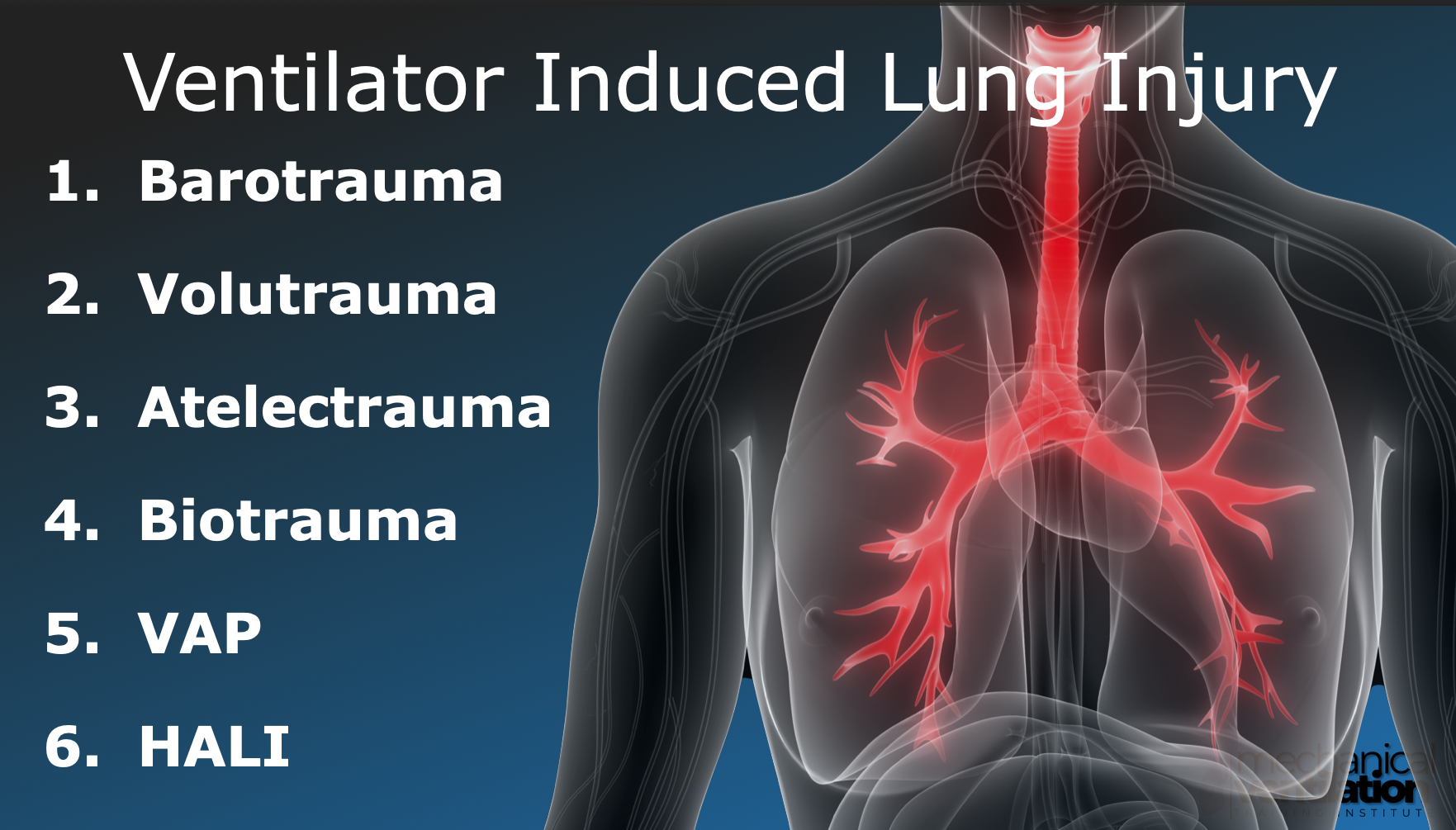 A diagram showing the human lungs with labels of ventilator-induced lung injuries on the left. The list includes barotrauma, volutrauma, atelectotrauma, biotrauma, VAP, and HALI.