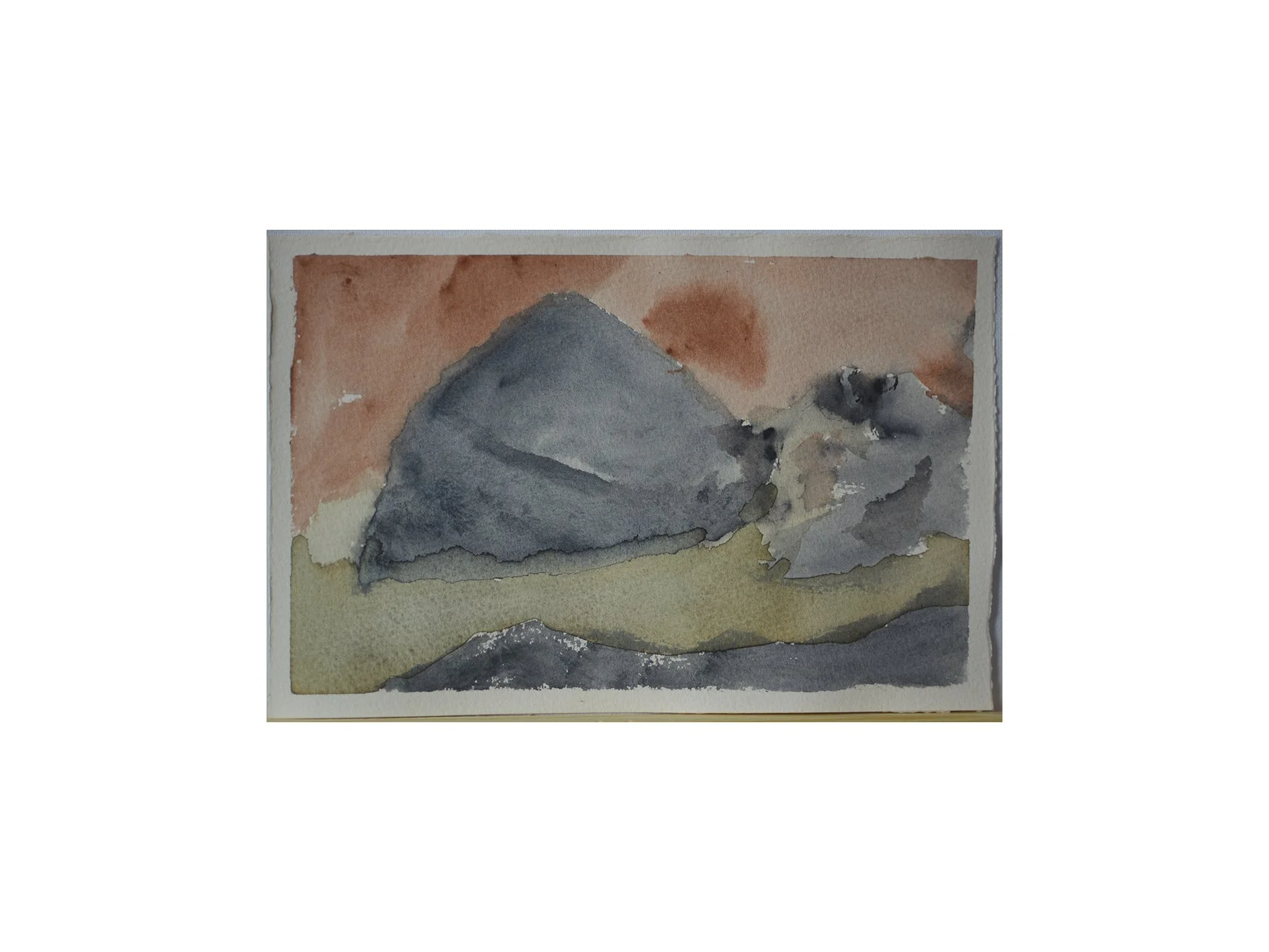 water and rocks, 2026, gouache charcoal and water on paper, 16cm x 26 cm